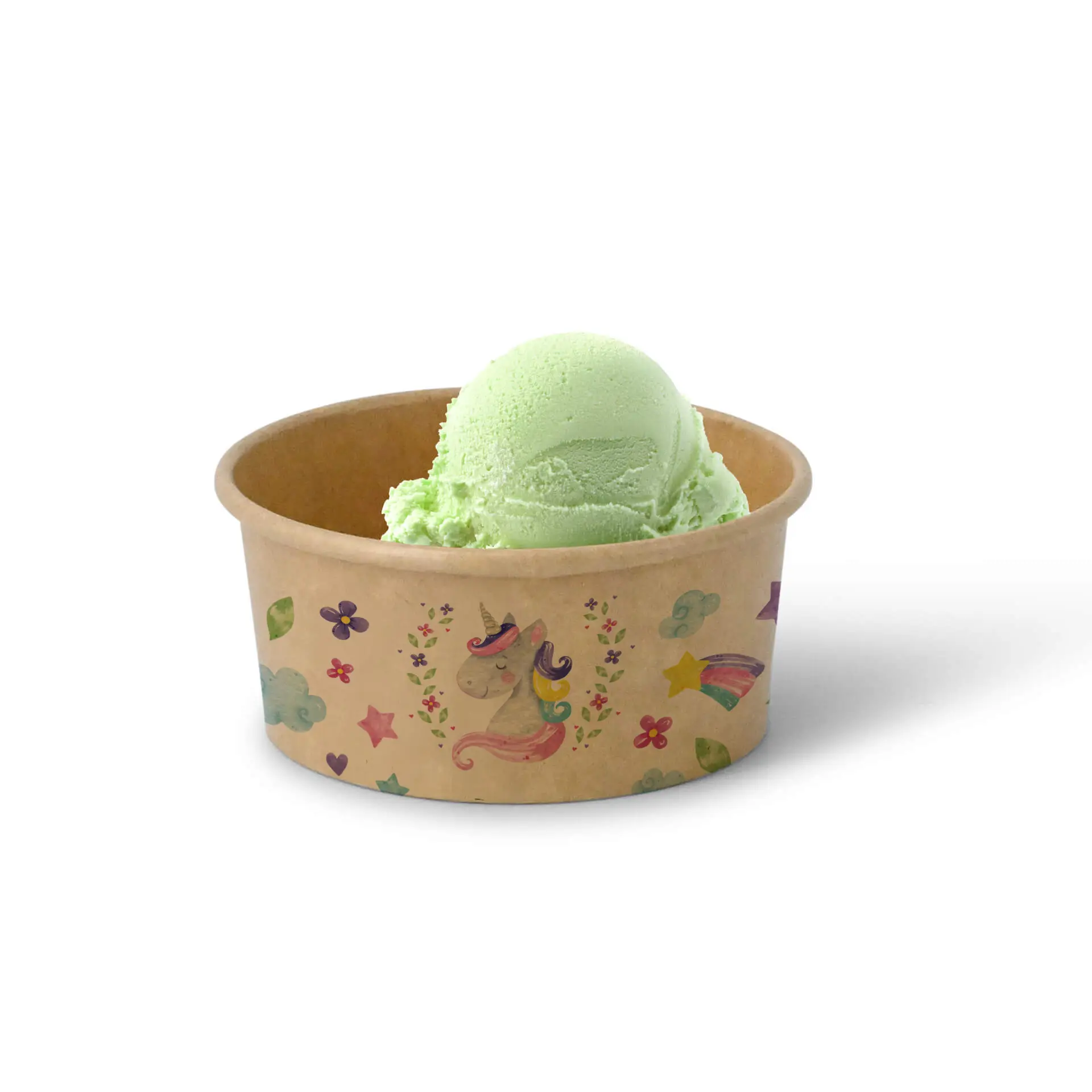 Green ice cream scoop in a brown ice cream cup decorated with colorful unicorns and stars.