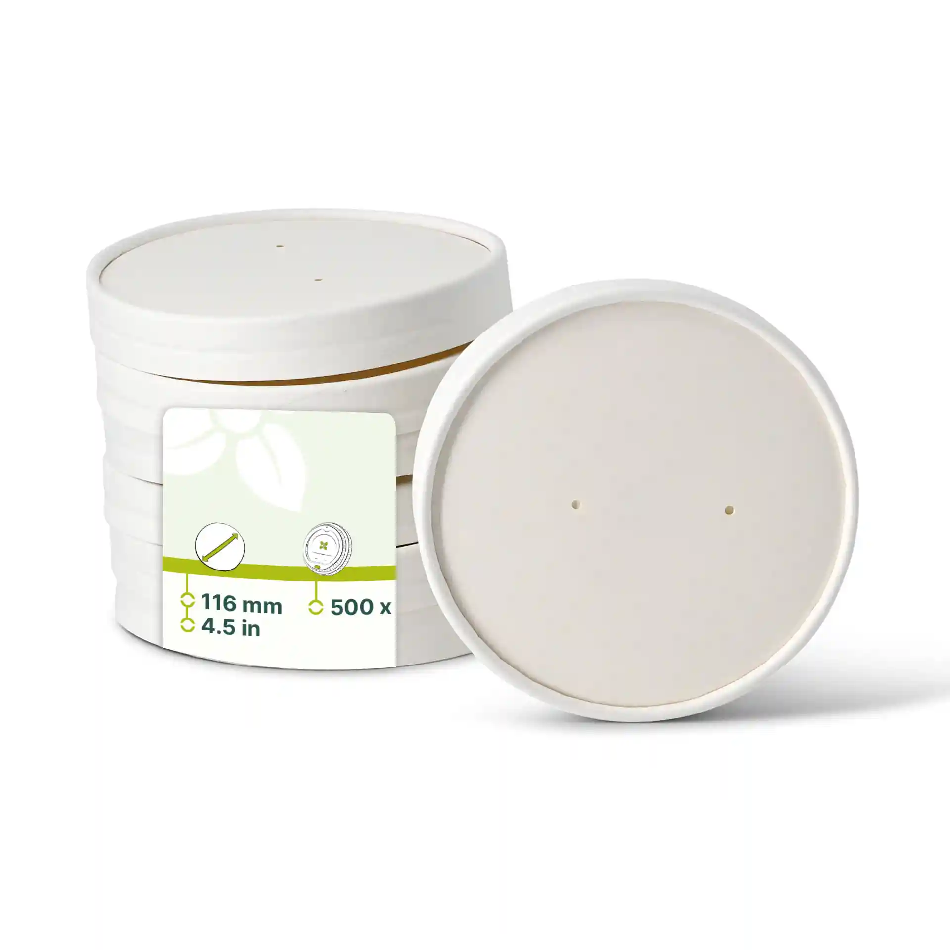 Round white cardboard membrane lids with a diameter of 116 mm, stacked with one lid slightly tilted.
