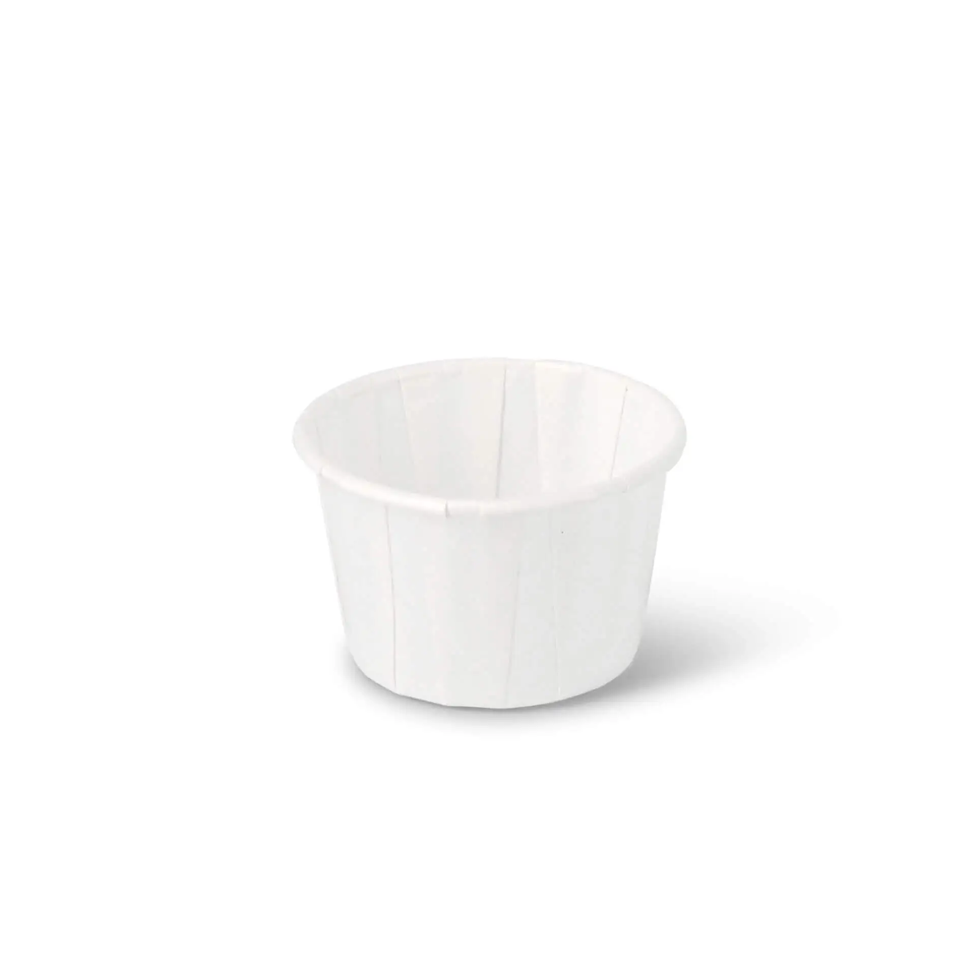 White paper cup with a round shape and vertical grooves, suitable for dips and small portions, measured at 45 ml volume.