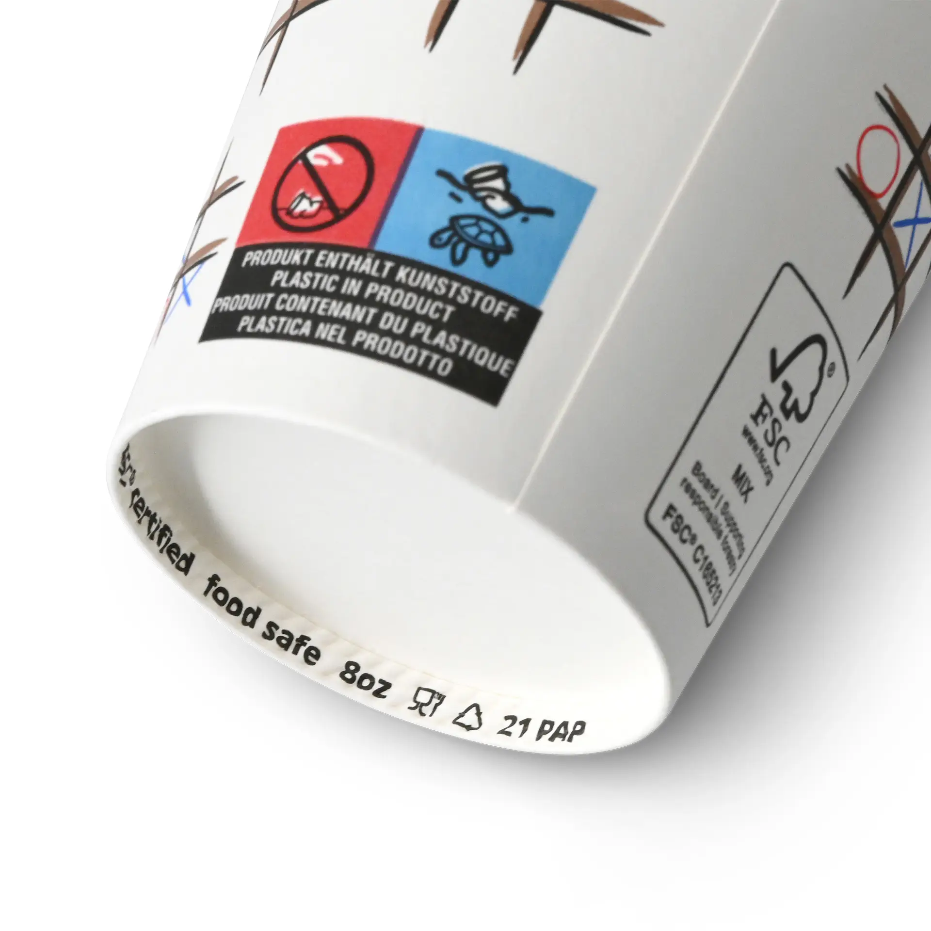 One white paper cup with a "Tic Tac Toe" print; features safety labels and recycling information on the bottom.