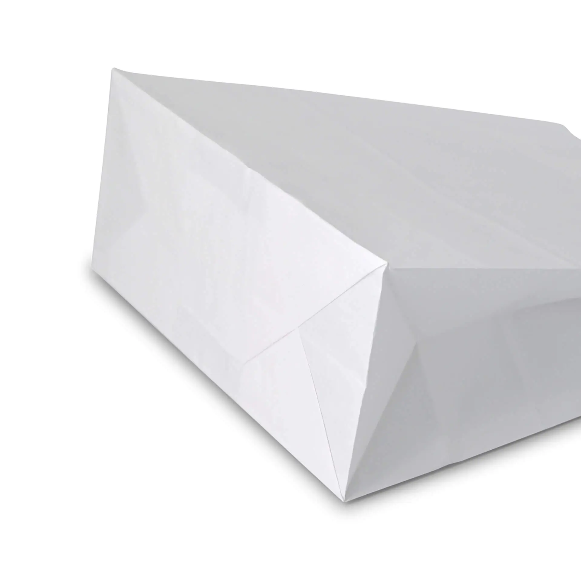 White paper carrier bag with a triangular top; features a tear-resistant design for shopping and grocery use.