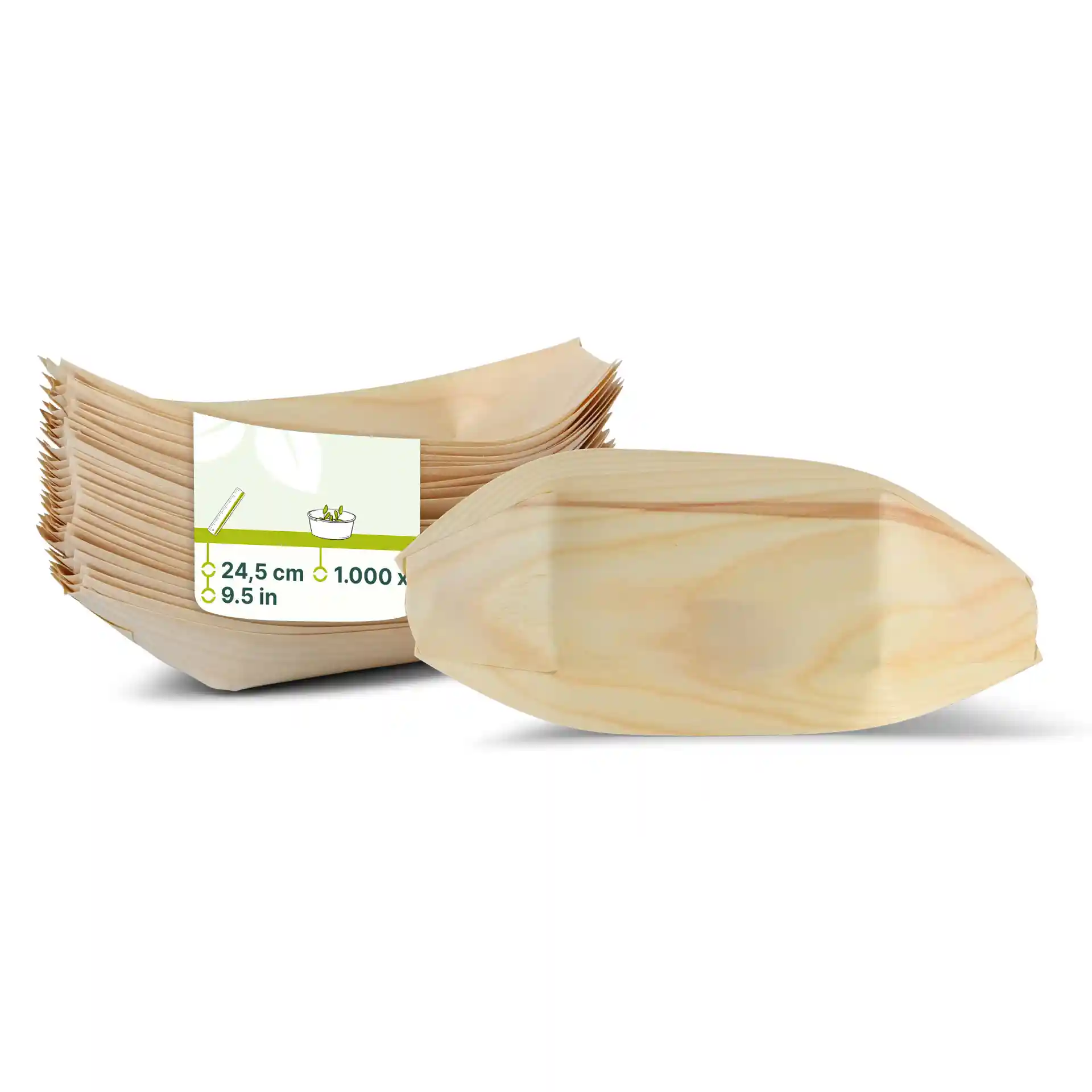 Stack of wooden boat-shaped containers, each measuring 24.5 cm in length, with a brown finish.