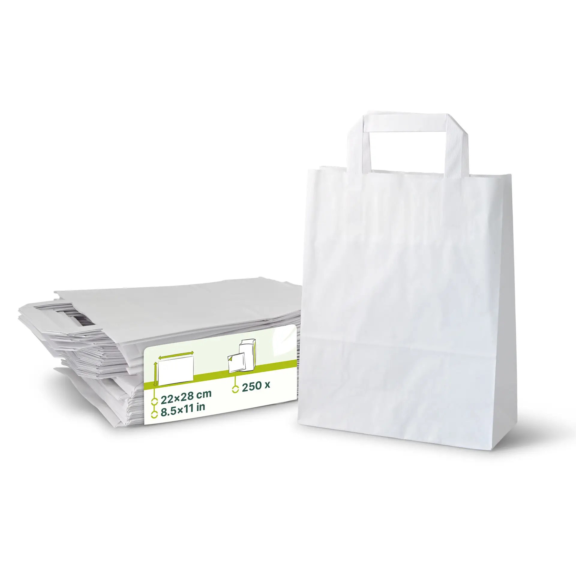 White paper carrier bag next to a stack of multiple similar bags, each 22 x 28 cm in size.