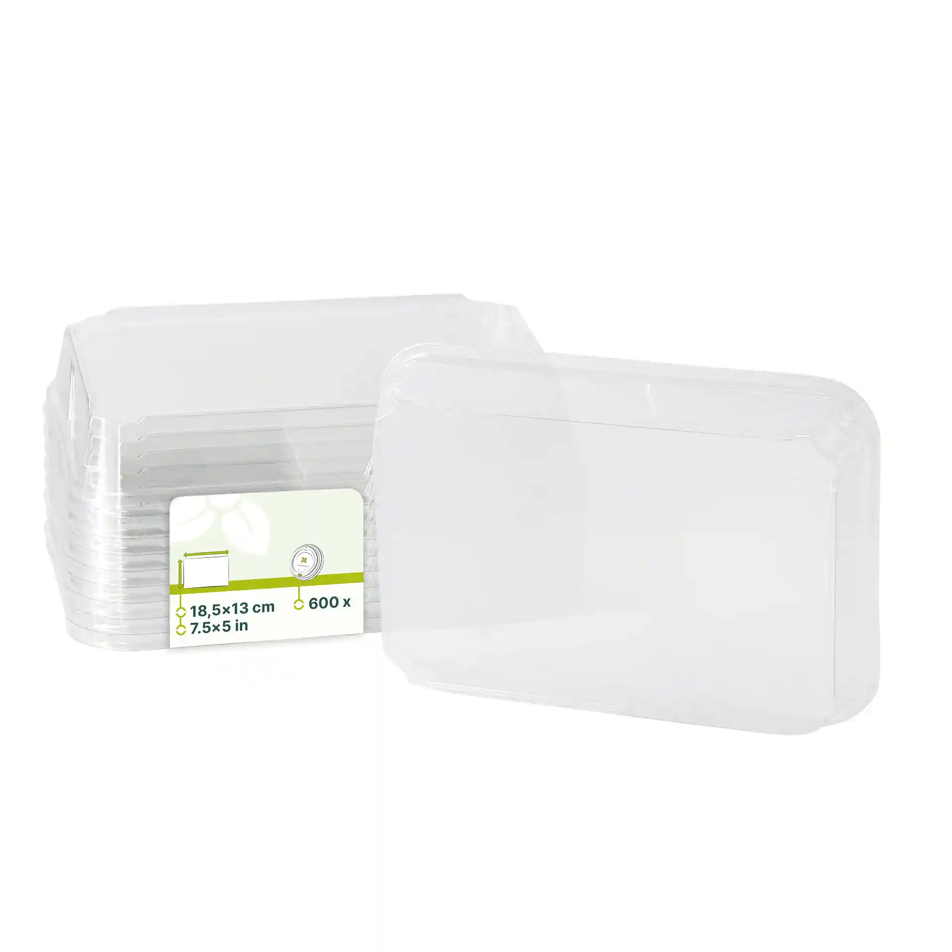 Transparent PET lids for sushi boxes, measuring 18.5 x 13 cm, stacked with a label showing dimensions.