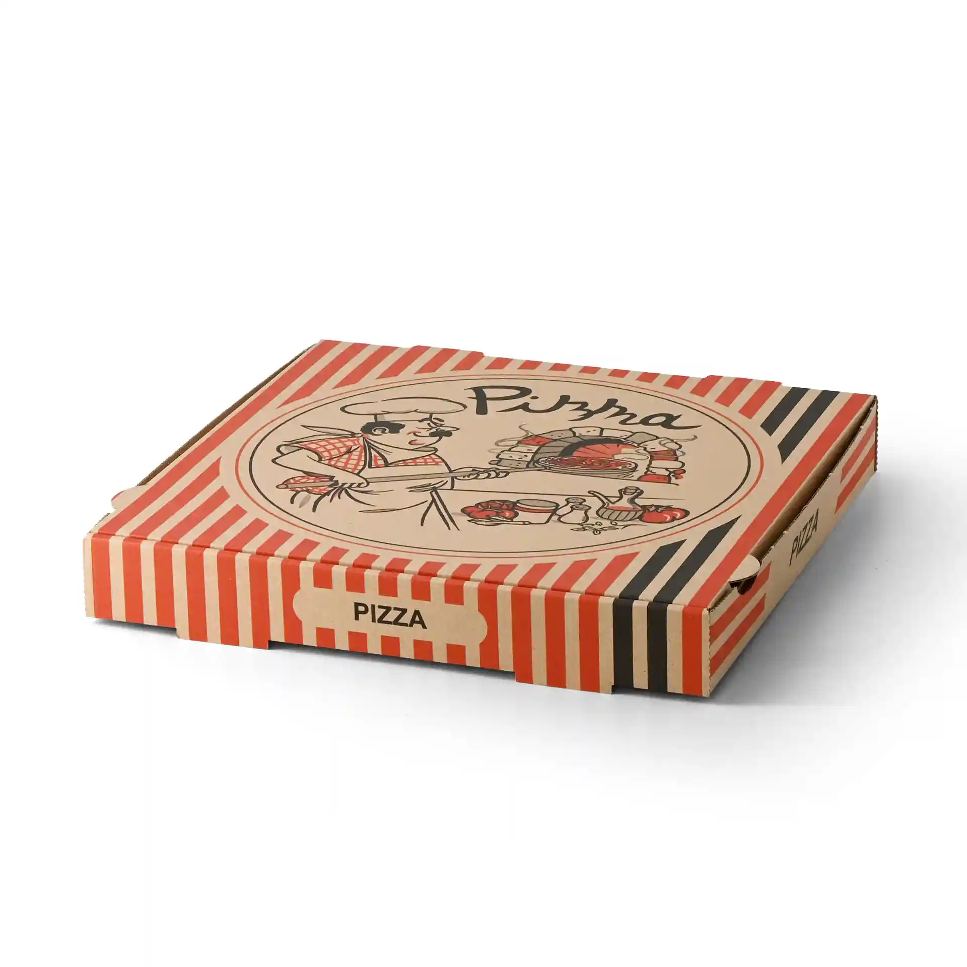 Pizza box with a pizza chef design, brown with red and black stripes, measuring 30 x 30 x 4 cm.