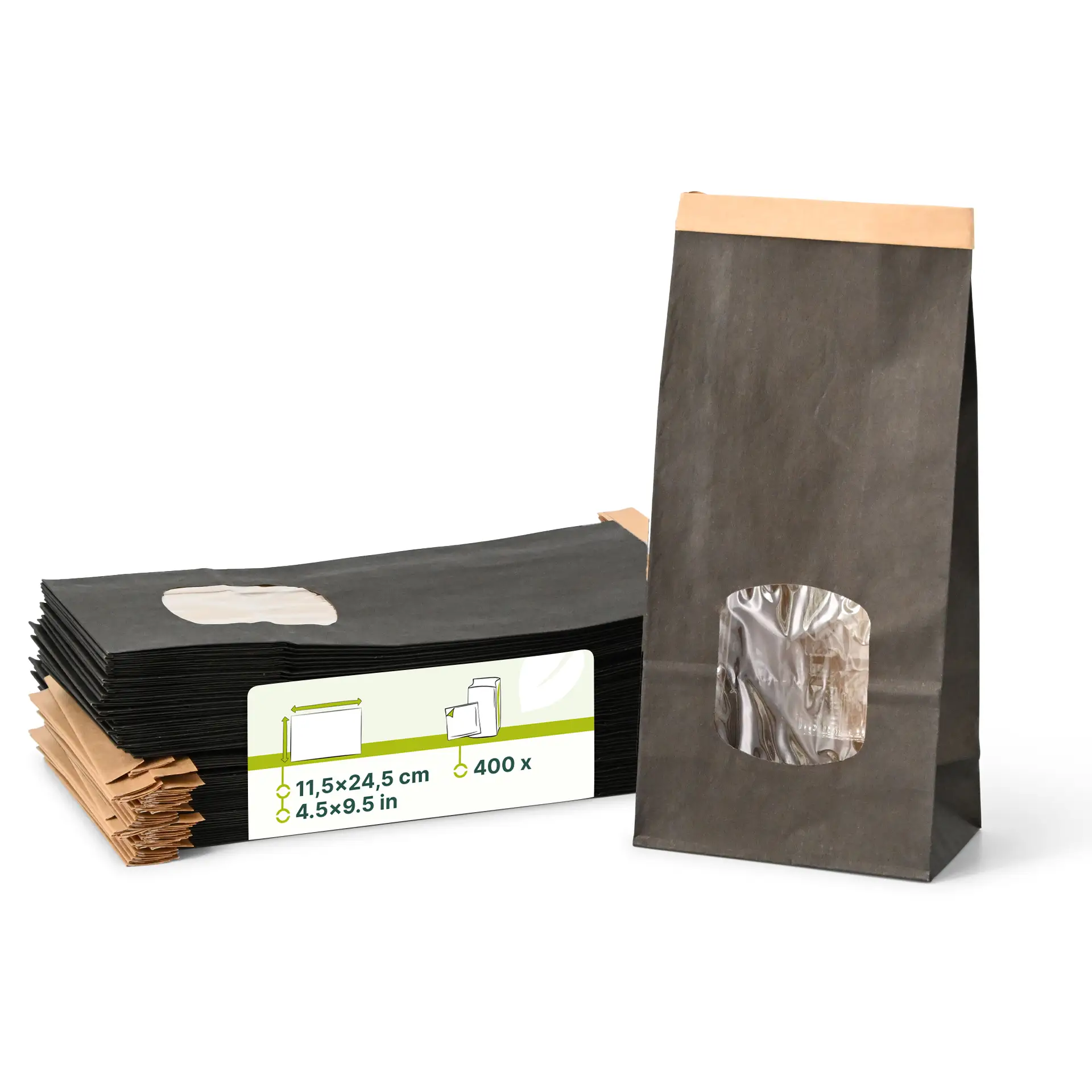 Block bottom bags M, 11.5 x 7 x 24.5 cm, PP-foil, black, tin tie, kraft paper Block bottom bags M, 11.5 x 7 x 24.5 cm, PP-foil, black, tin tie, kraft paper