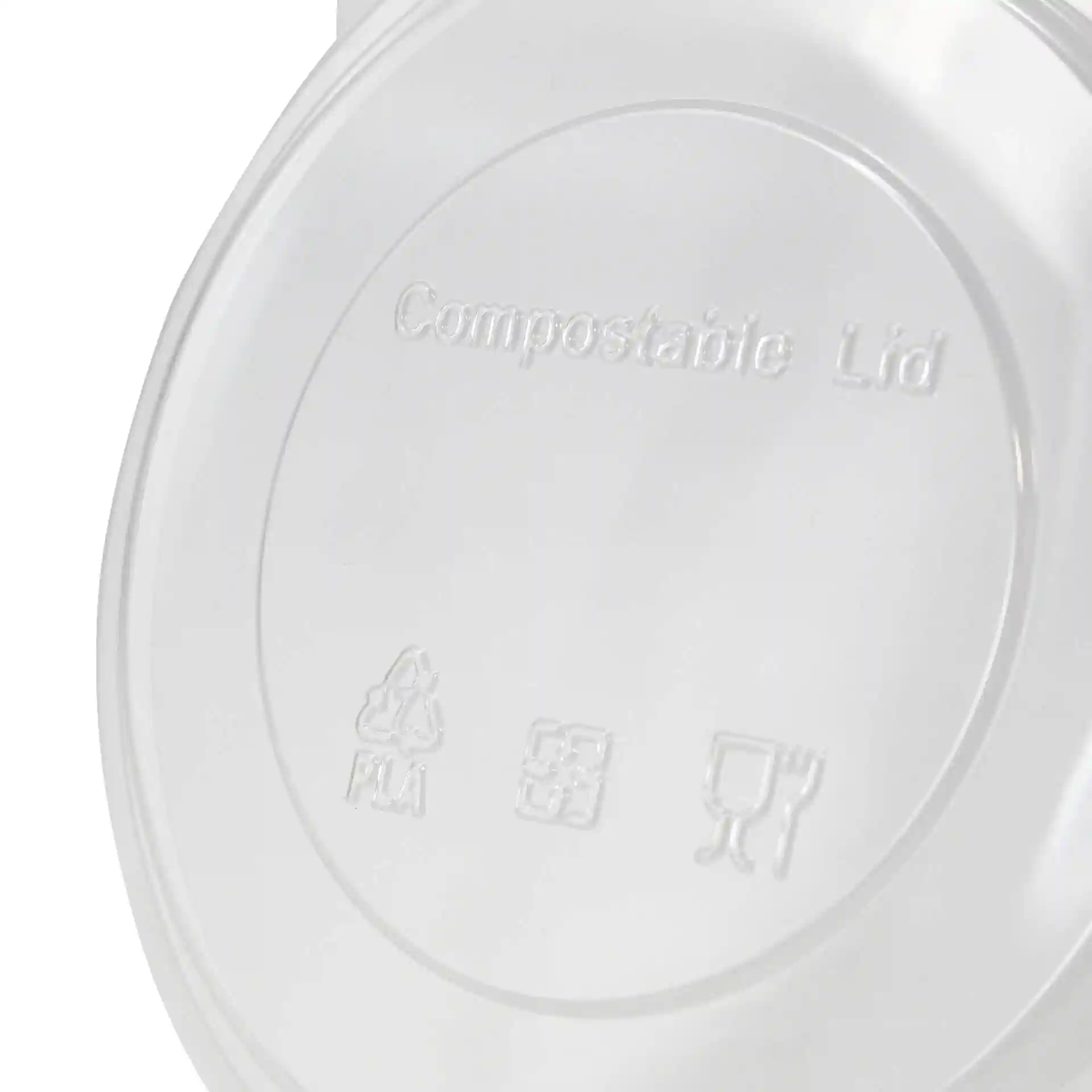 Transparent PLA lid with a diameter of 150 mm, featuring embossed symbols and the text "Compostable Lid".