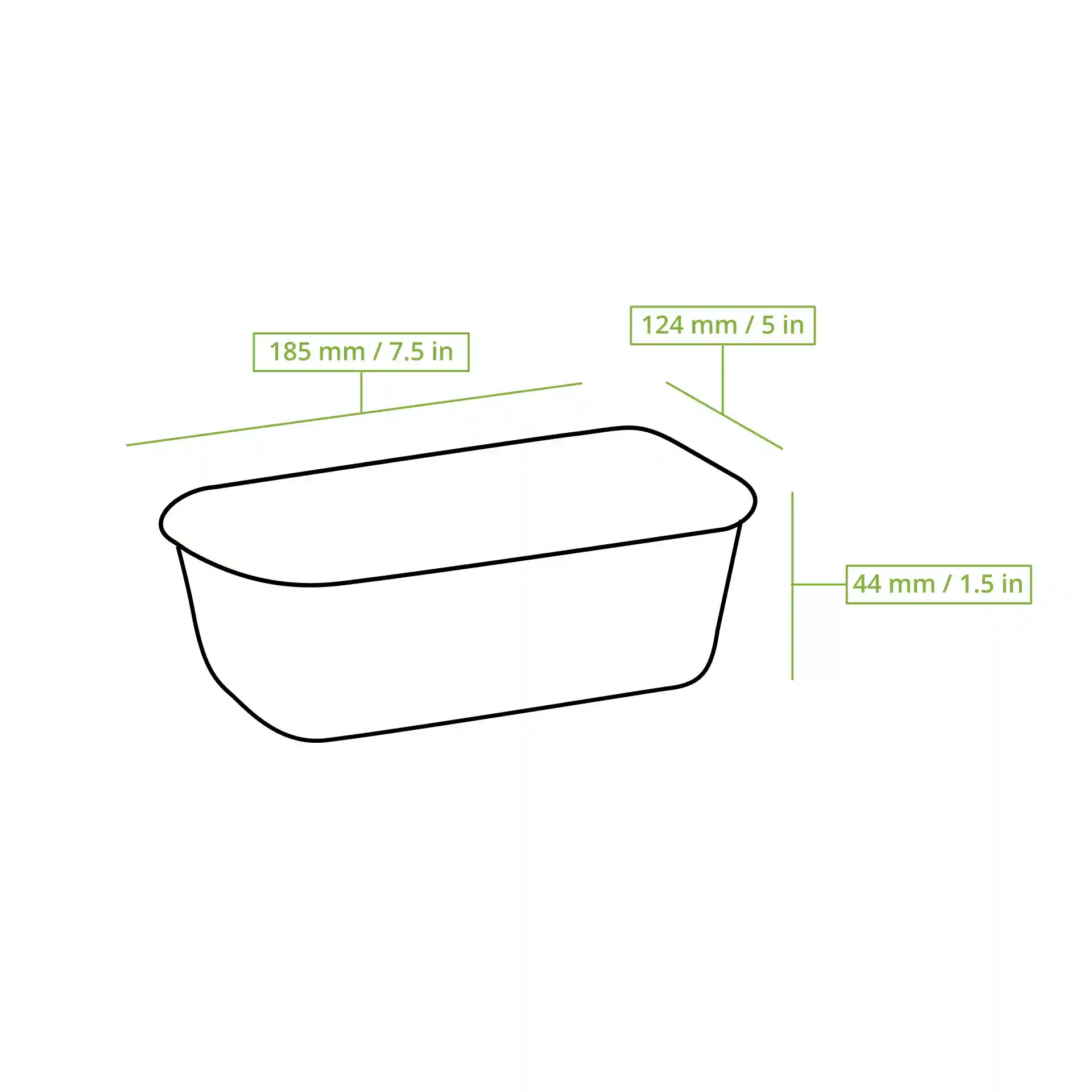 Schematic drawing of a rectangular reusable container with dimensions labeled: 185 mm length, 124 mm width, 44 mm height.