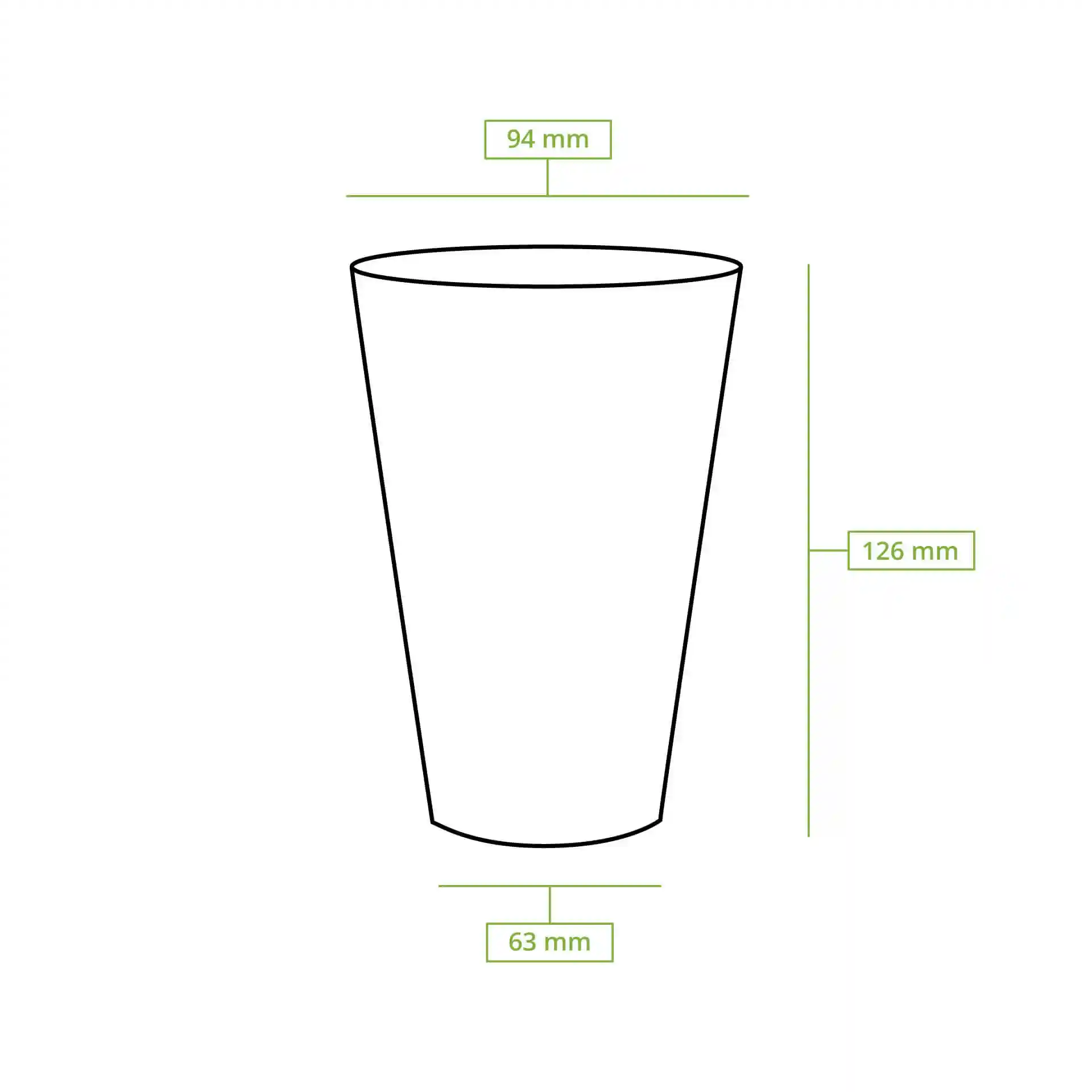 Schematic drawing of a plastic cup with dimensions: height 126 mm, top diameter 95 mm, bottom diameter 63 mm.