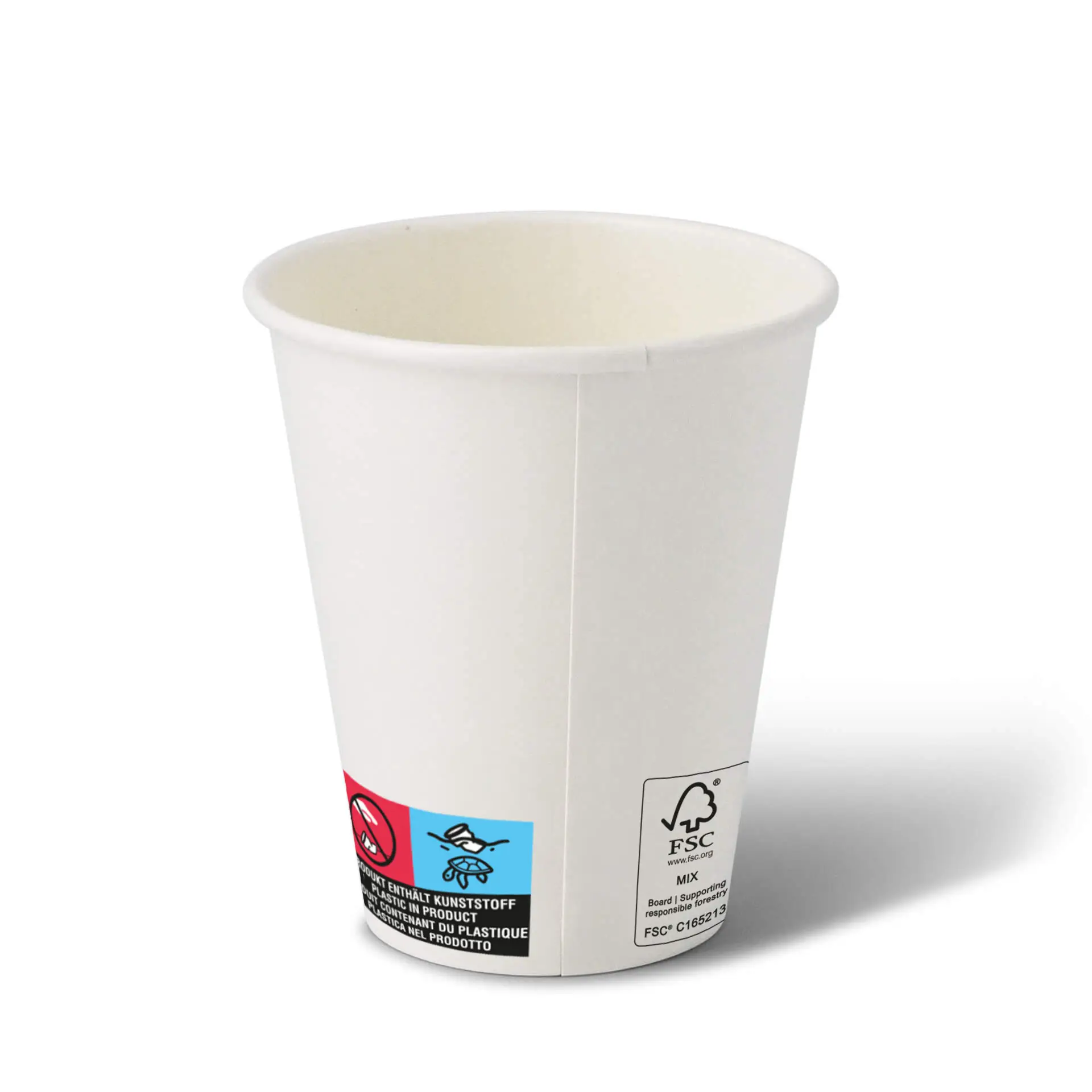 White paper cup, 10 oz, with PE coating; features labels and symbols on the side for recycling and usability.