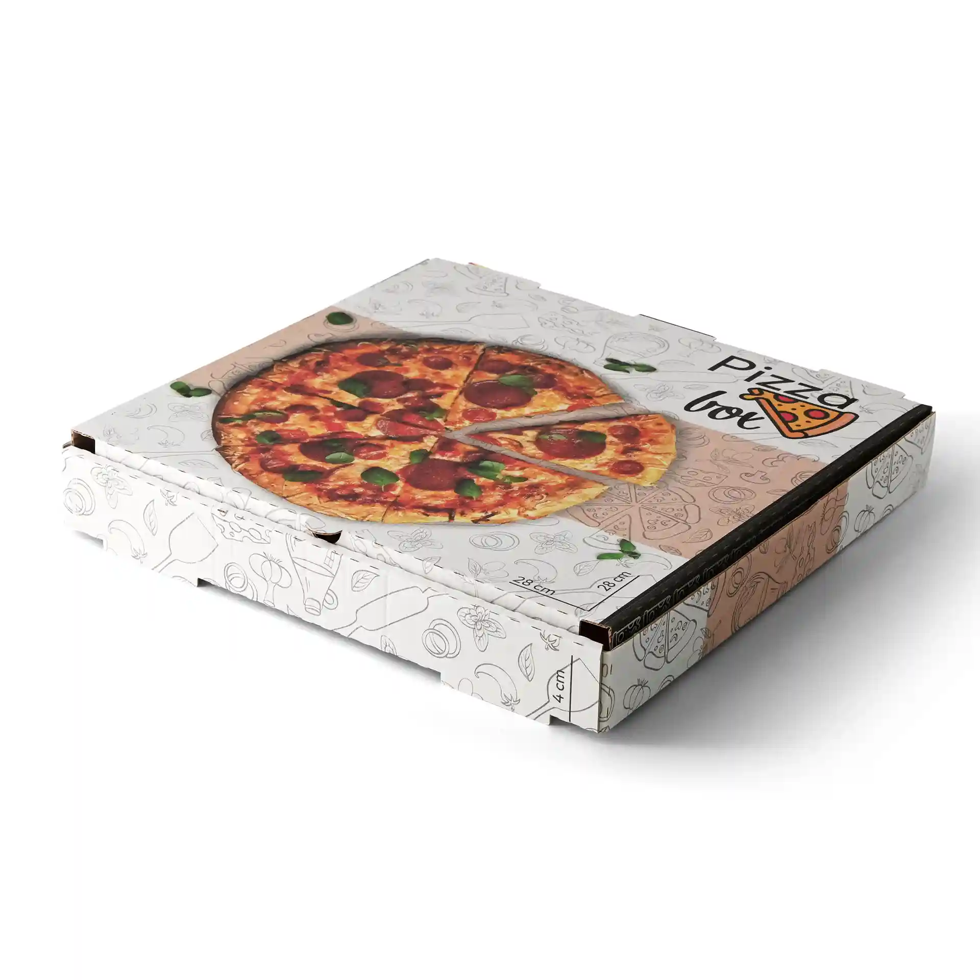 Pizza box with a printed design, measuring 28 x 28 x 4 cm, featuring an image of a pizza on the top.