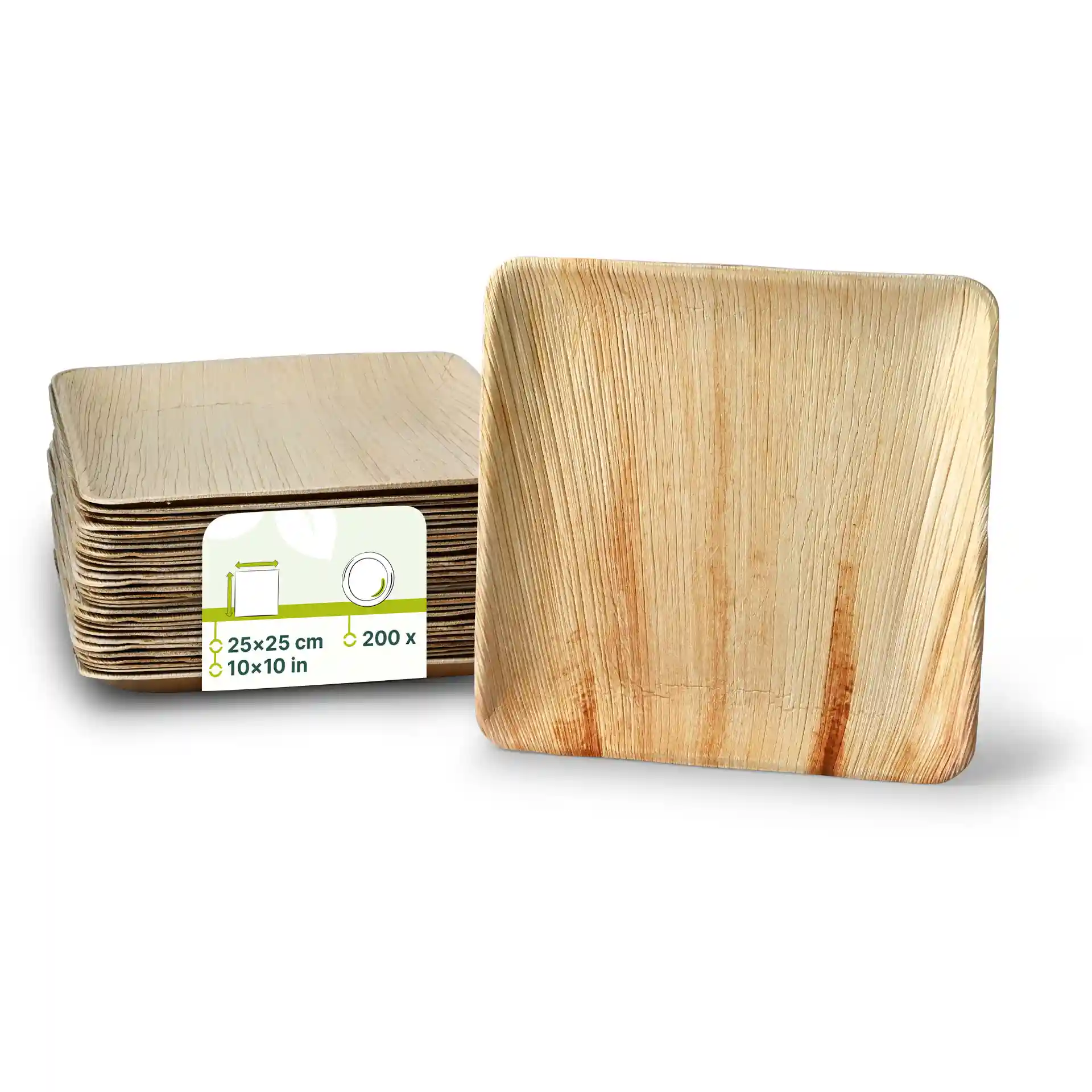 Stack of square palm leaf plates, 25 x 25 cm, with a label showing dimensions and quantity of 200 pieces.