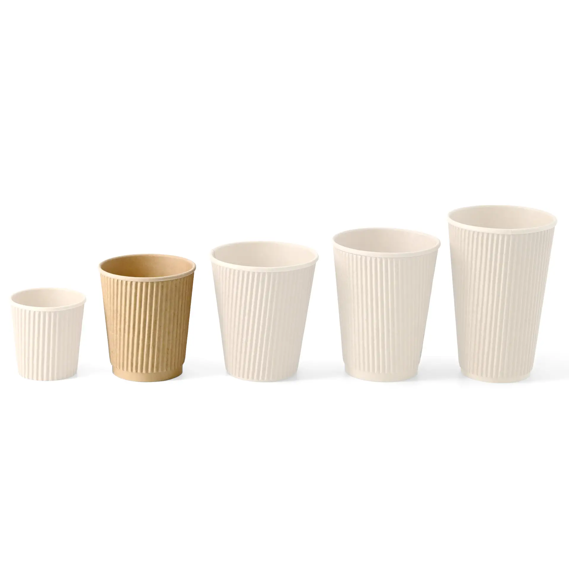 Five insulated coffee cups in various sizes, including one brown ribbed model, suitable for hot beverages to go.