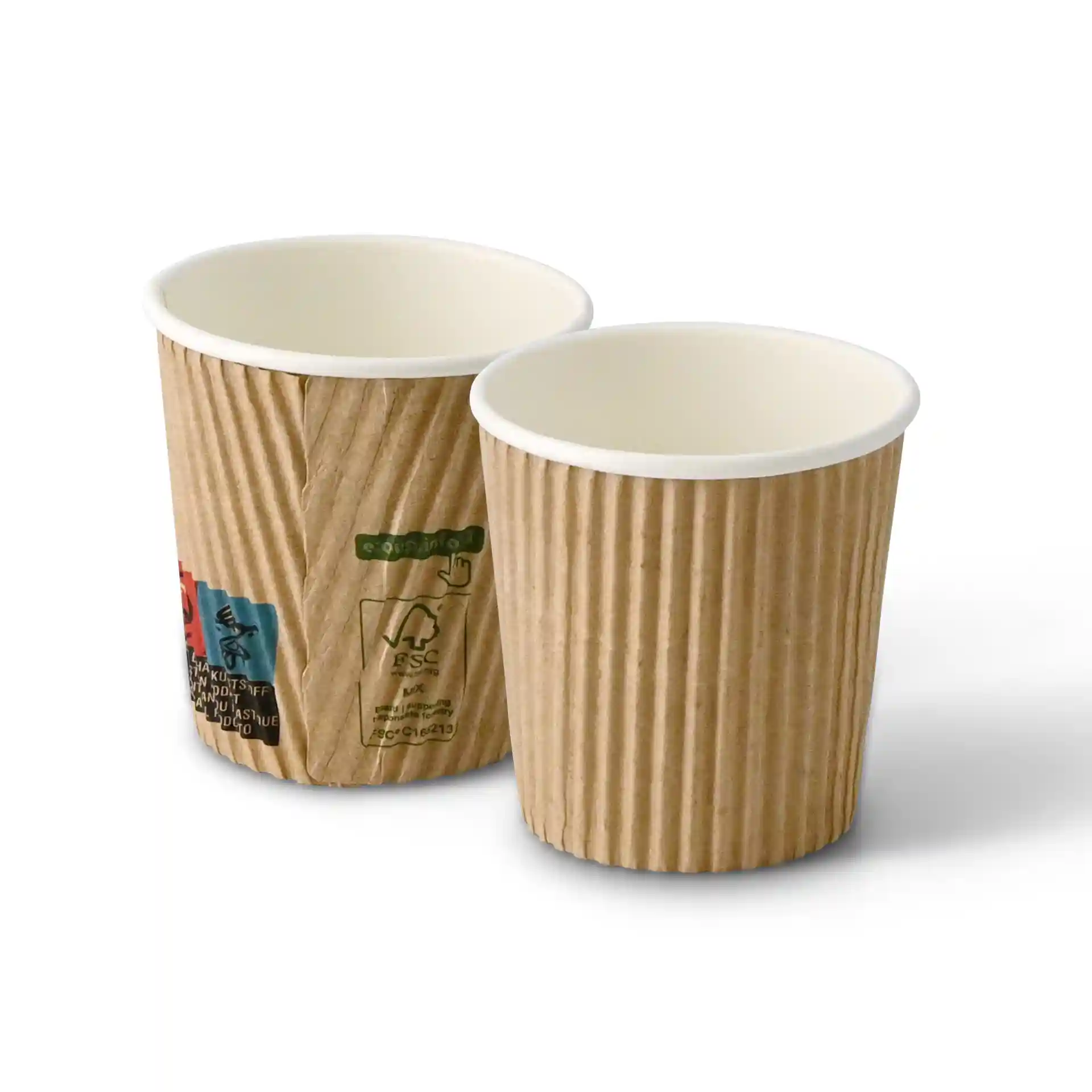 Two 4 oz ribbed cups with a brown exterior and white interior, one slightly behind the other.