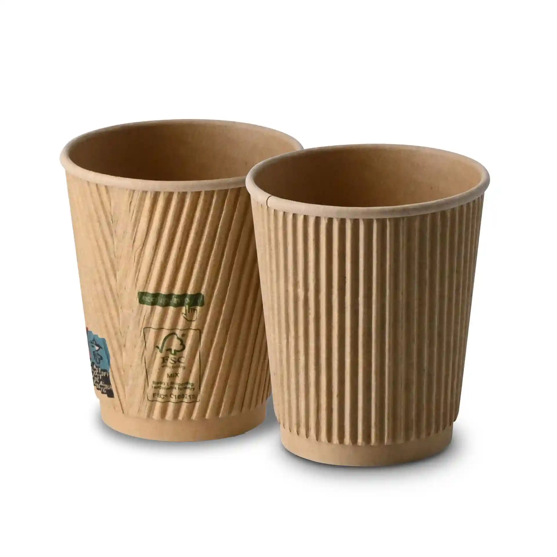Two 8 oz kraft ribbed cups with a diameter of 80 mm and height of 90 mm, shown from a slight angle.