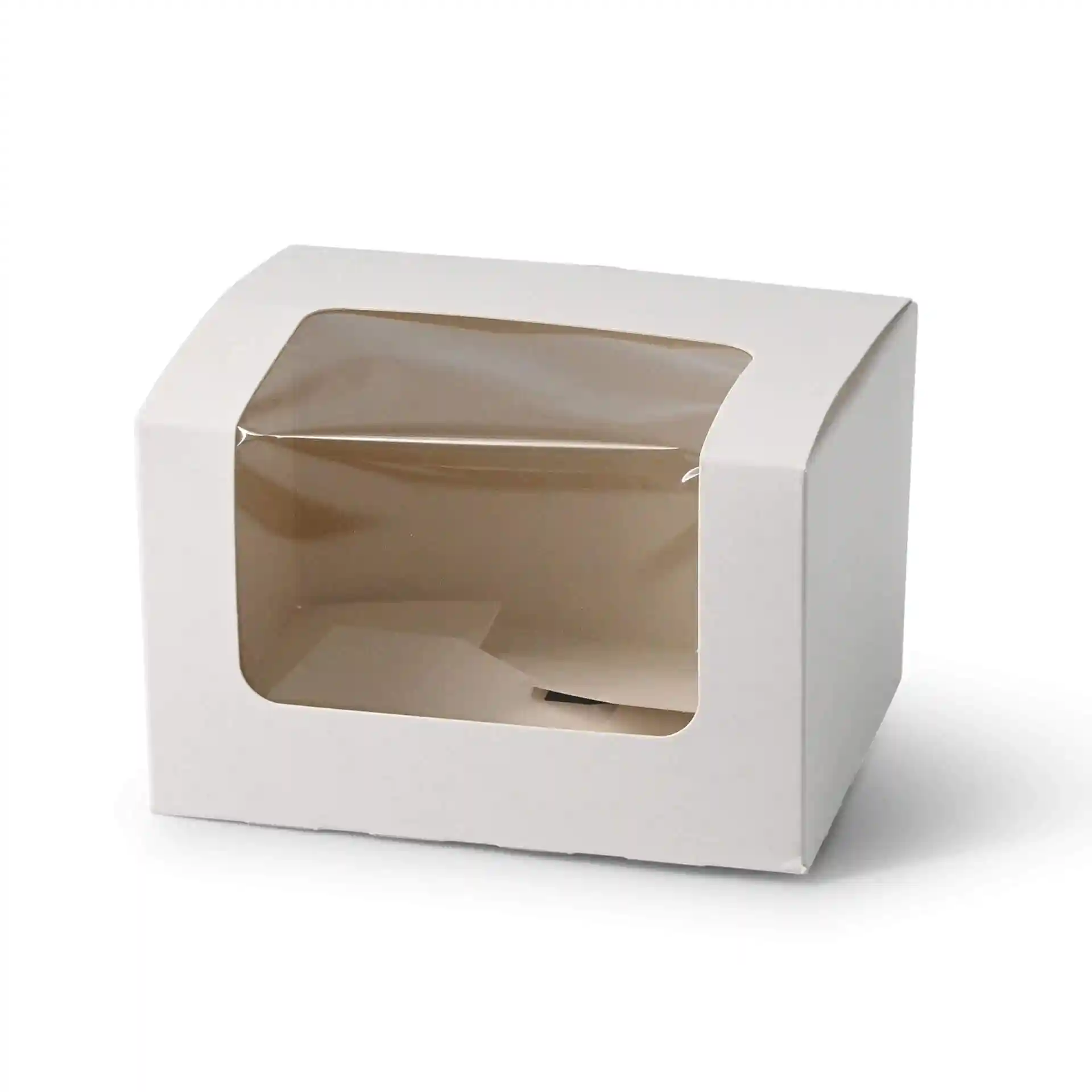 White pastry box with a cellulose window, measuring 13 x 11 x 8 cm.