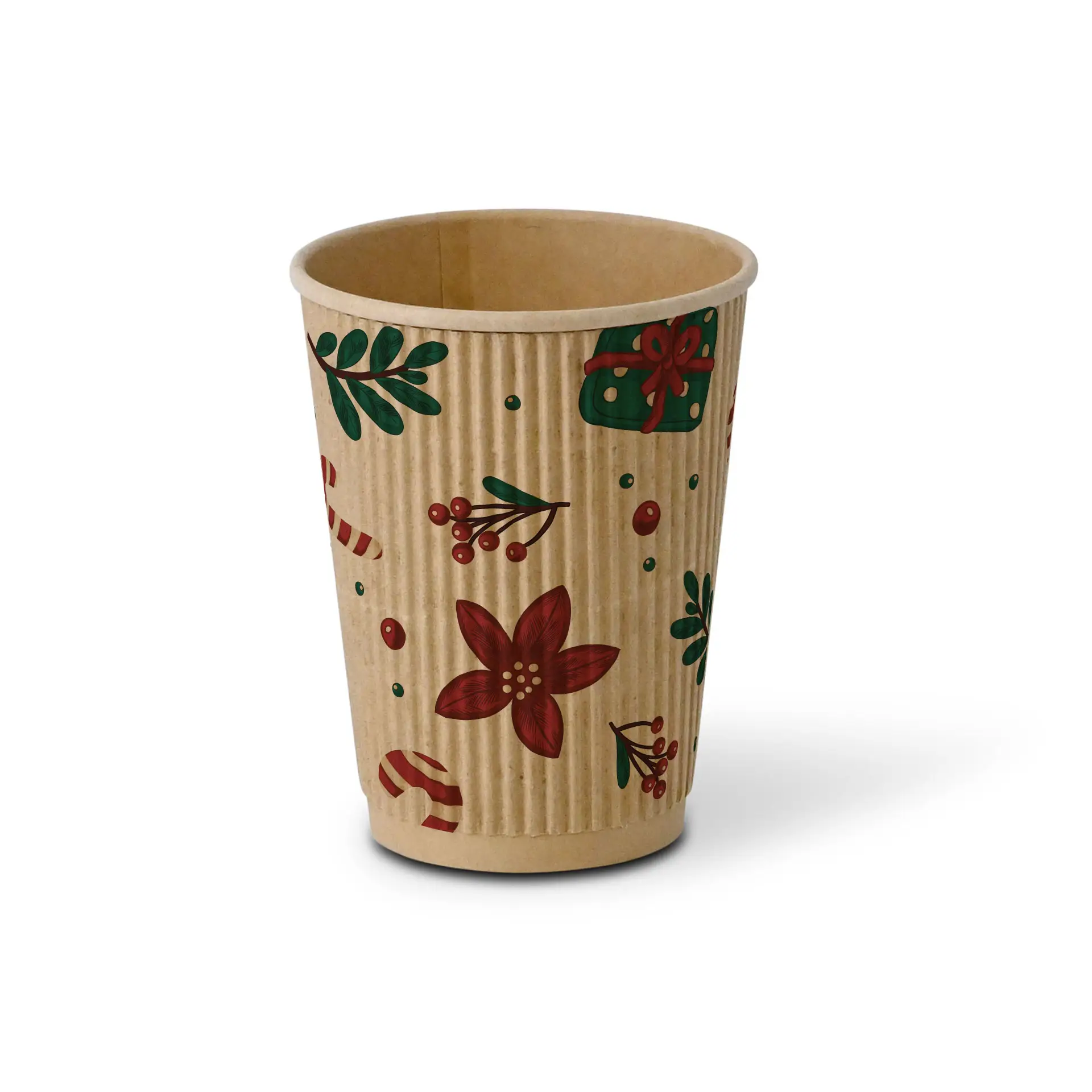 Brown ripple cup with winter design, featuring red flowers, green leaves, and candy canes, 300 ml capacity.