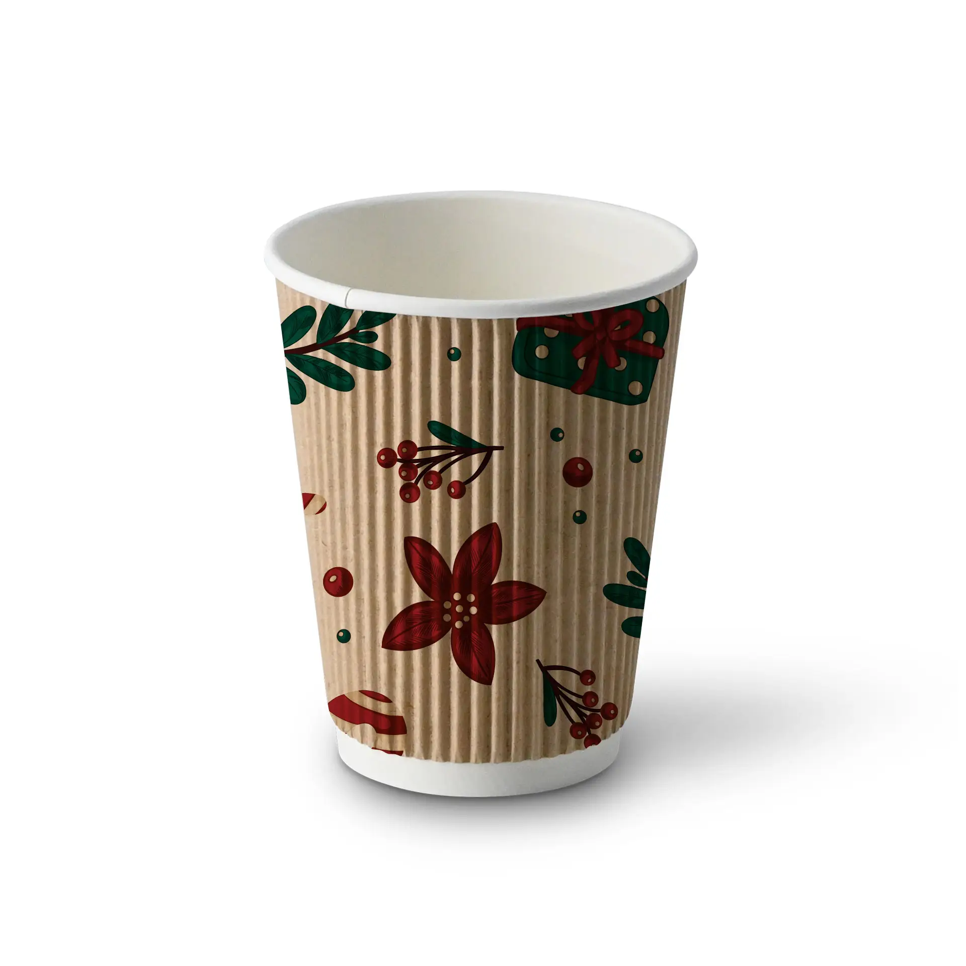 Brown ripple cup with winter design, featuring flowers and leaves, 300 ml capacity, 90 mm diameter.
