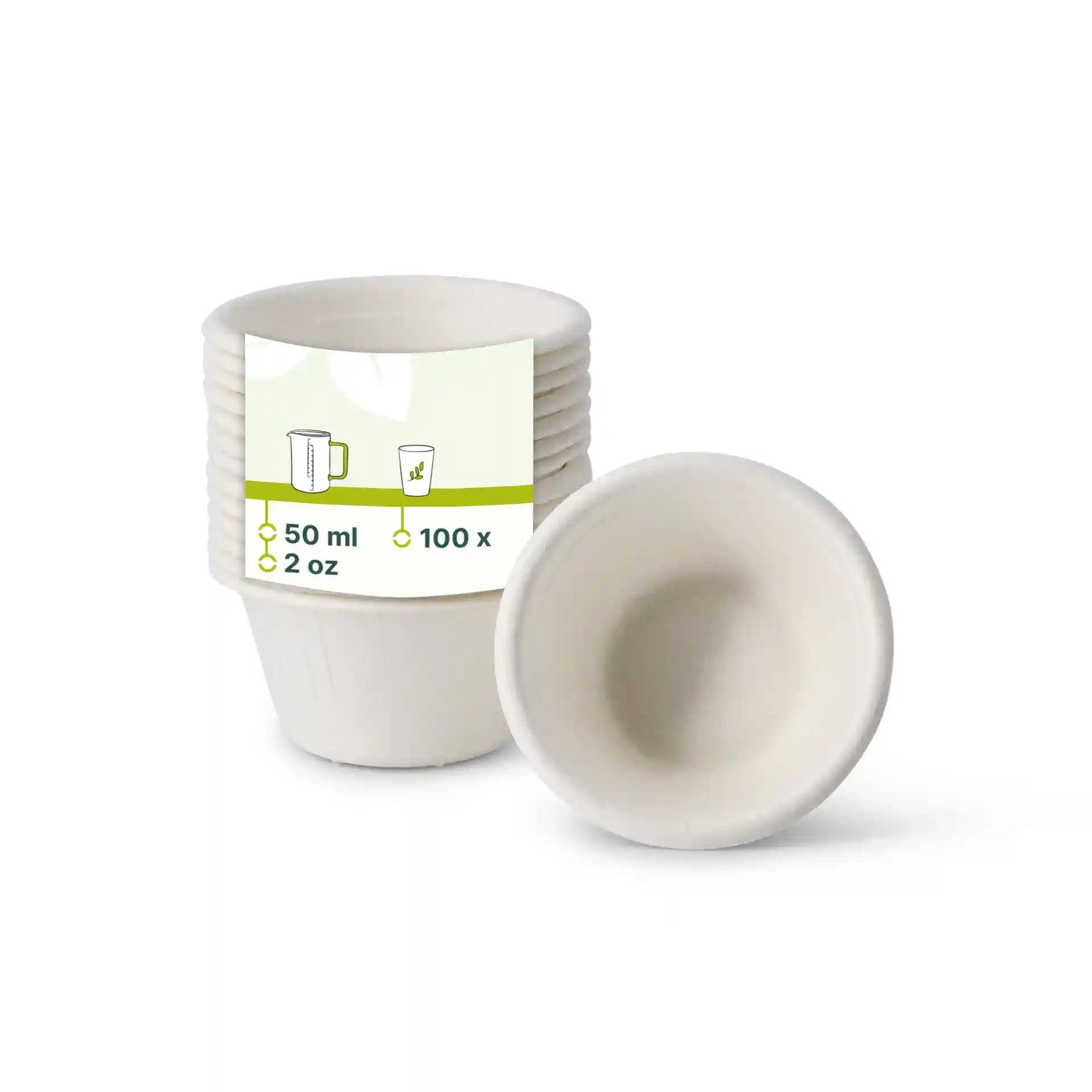 White bagasse dip bowls, 50 ml capacity, stacked with one bowl turned over to show interior.