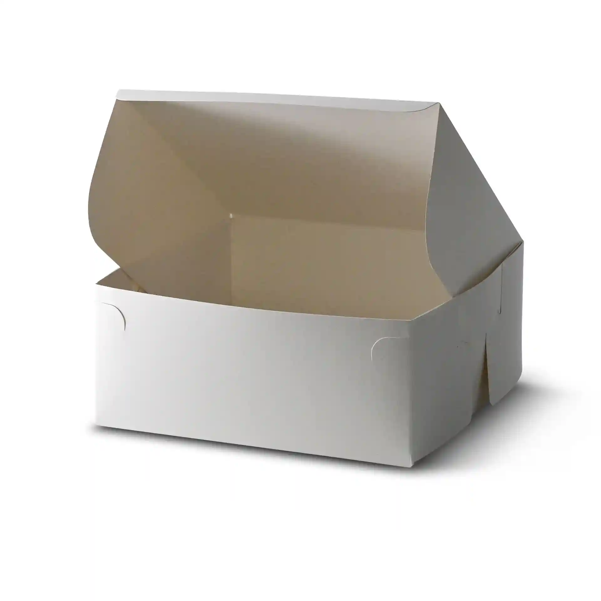 White cake box with an open lid, measuring 23 x 23 x 10 cm.