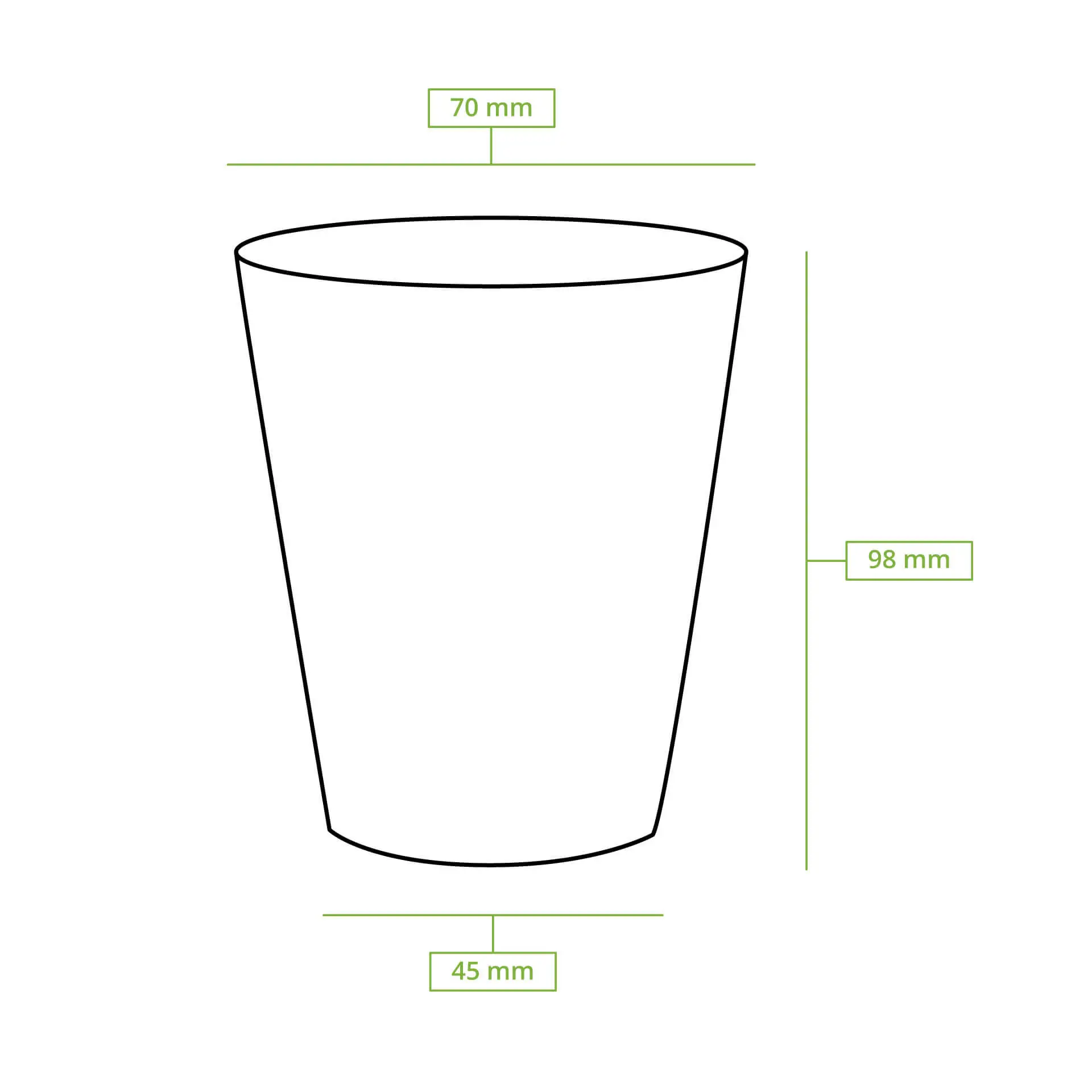 Schematic drawing of a round paper cup with dimensions: height 92 mm, top diameter 70 mm, bottom diameter 45 mm.