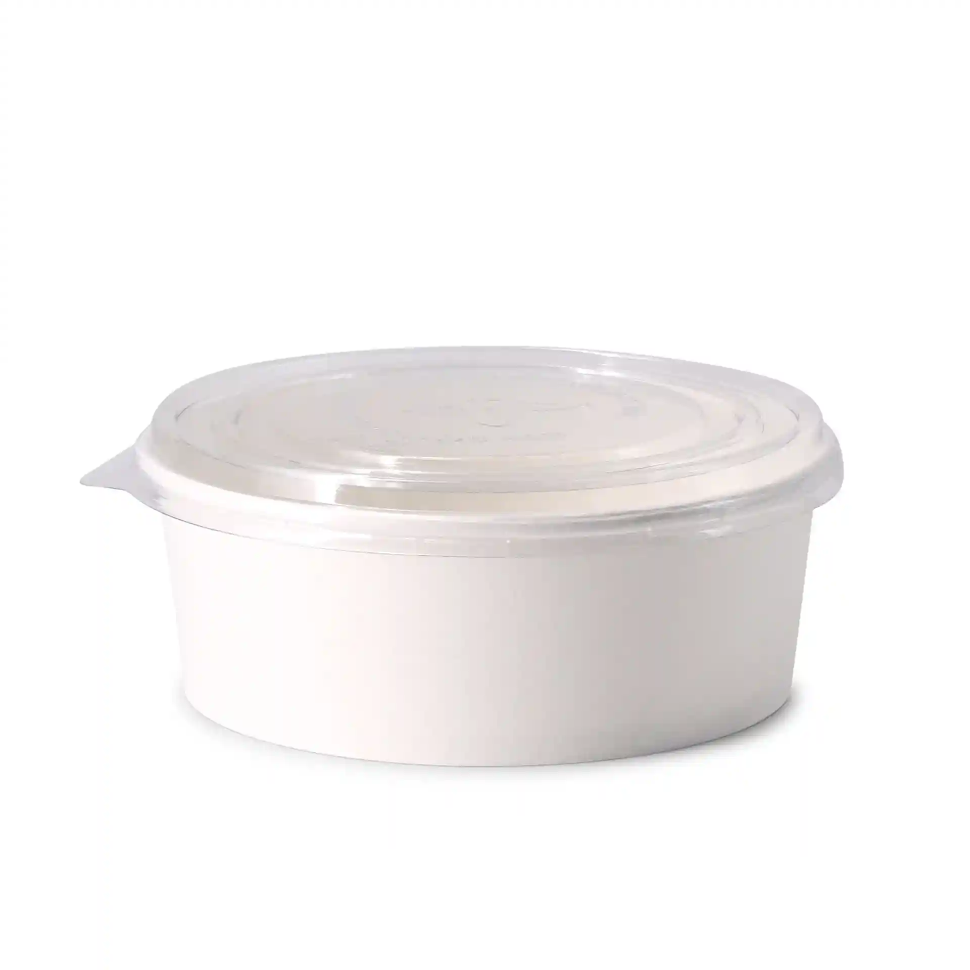 Round white cardboard bowl with a clear lid, 1000 ml capacity, diameter 185 mm, height 67 mm.