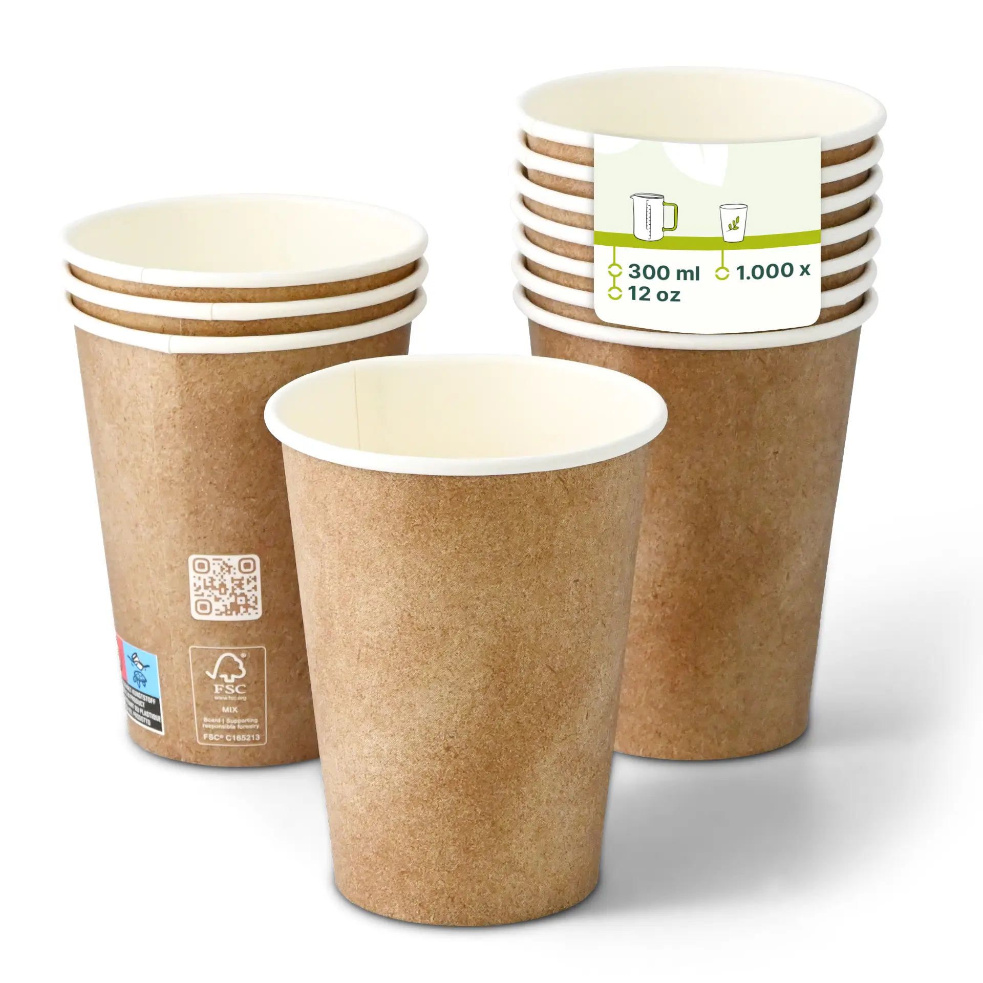 Brown paper cups with white inner lining, single wall, 300 ml capacity, stacked with one cup in front.
