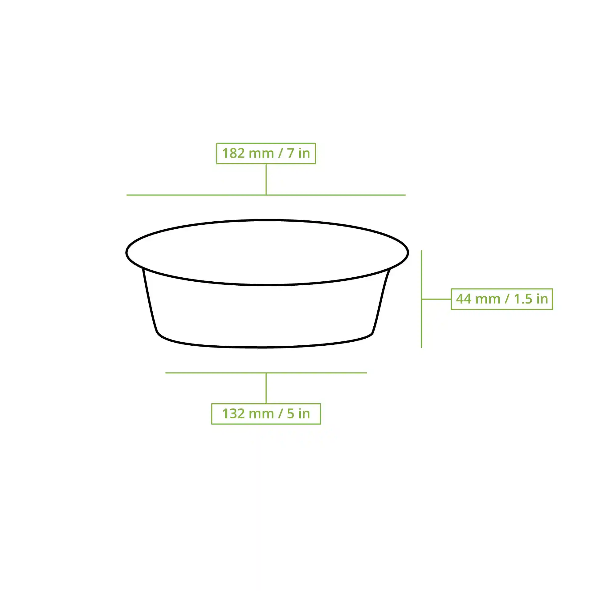 Schematic drawing of a round black reusable plate with dimensions: 182 mm diameter, 132 mm bottom diameter, 44 mm height.