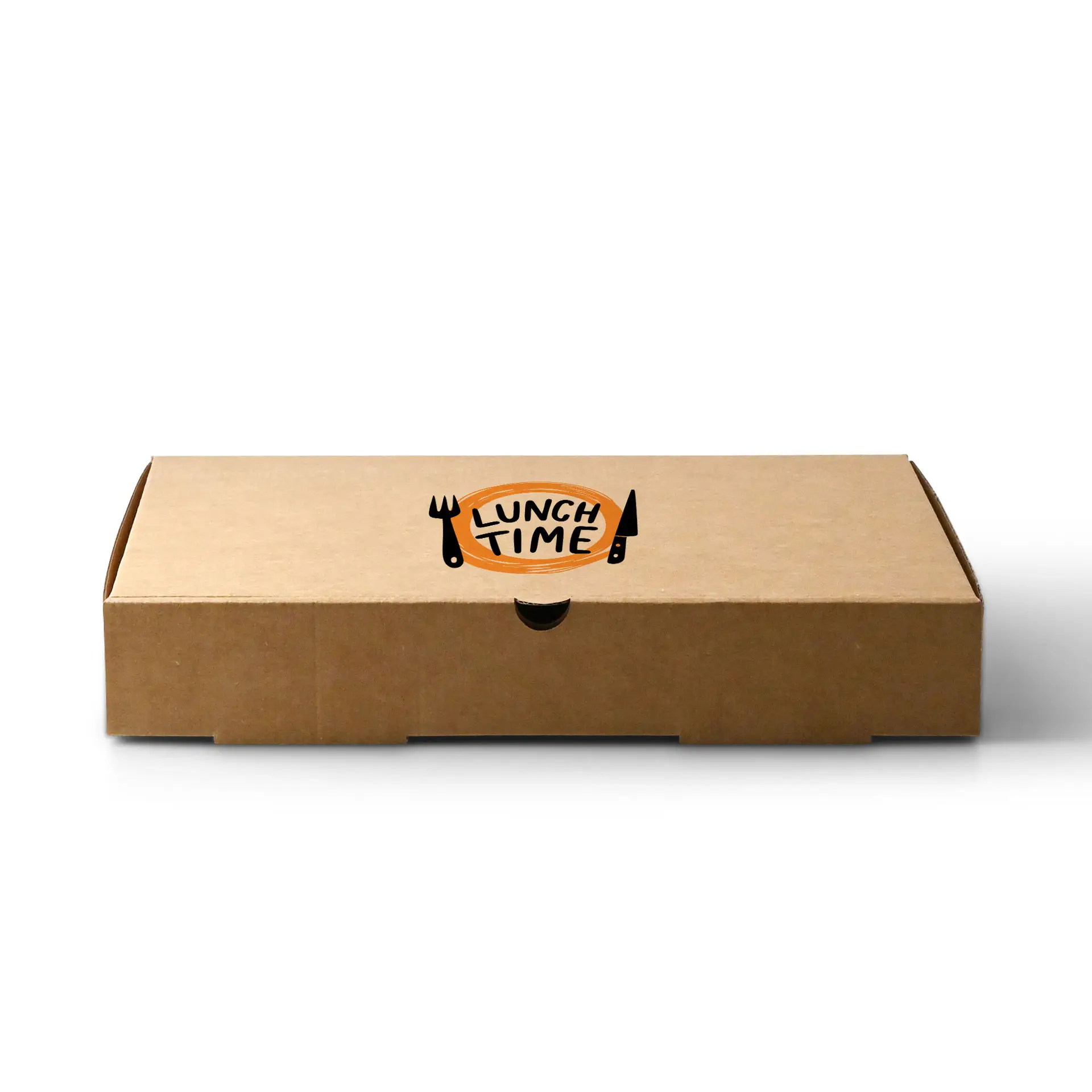 Brown pizza box with a circular design featuring the words 'LUNCH TIME' and utensils on the top.