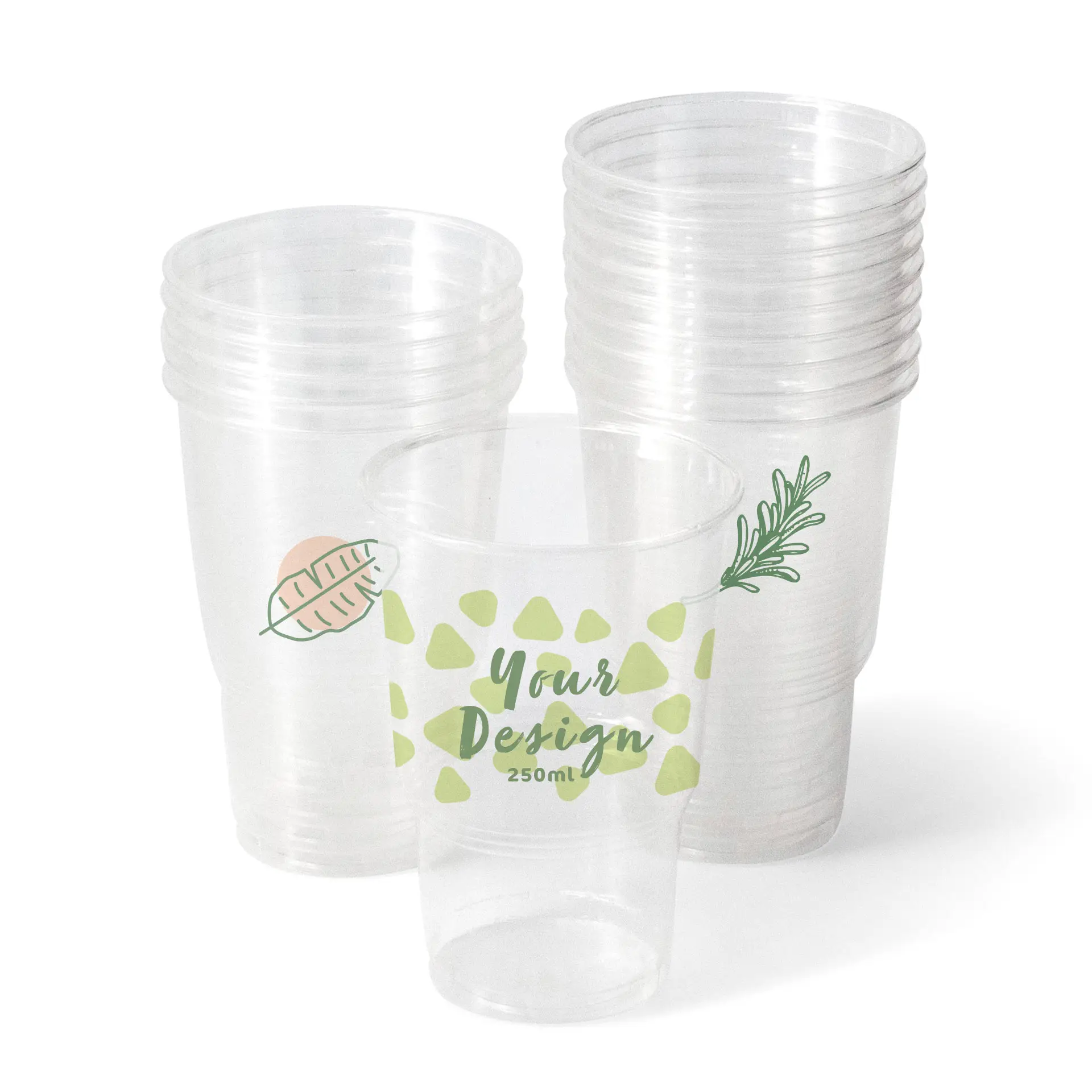 Clear 10 oz rPET cups with custom design; several transparent cups stacked behind the front cup featuring green graphics.