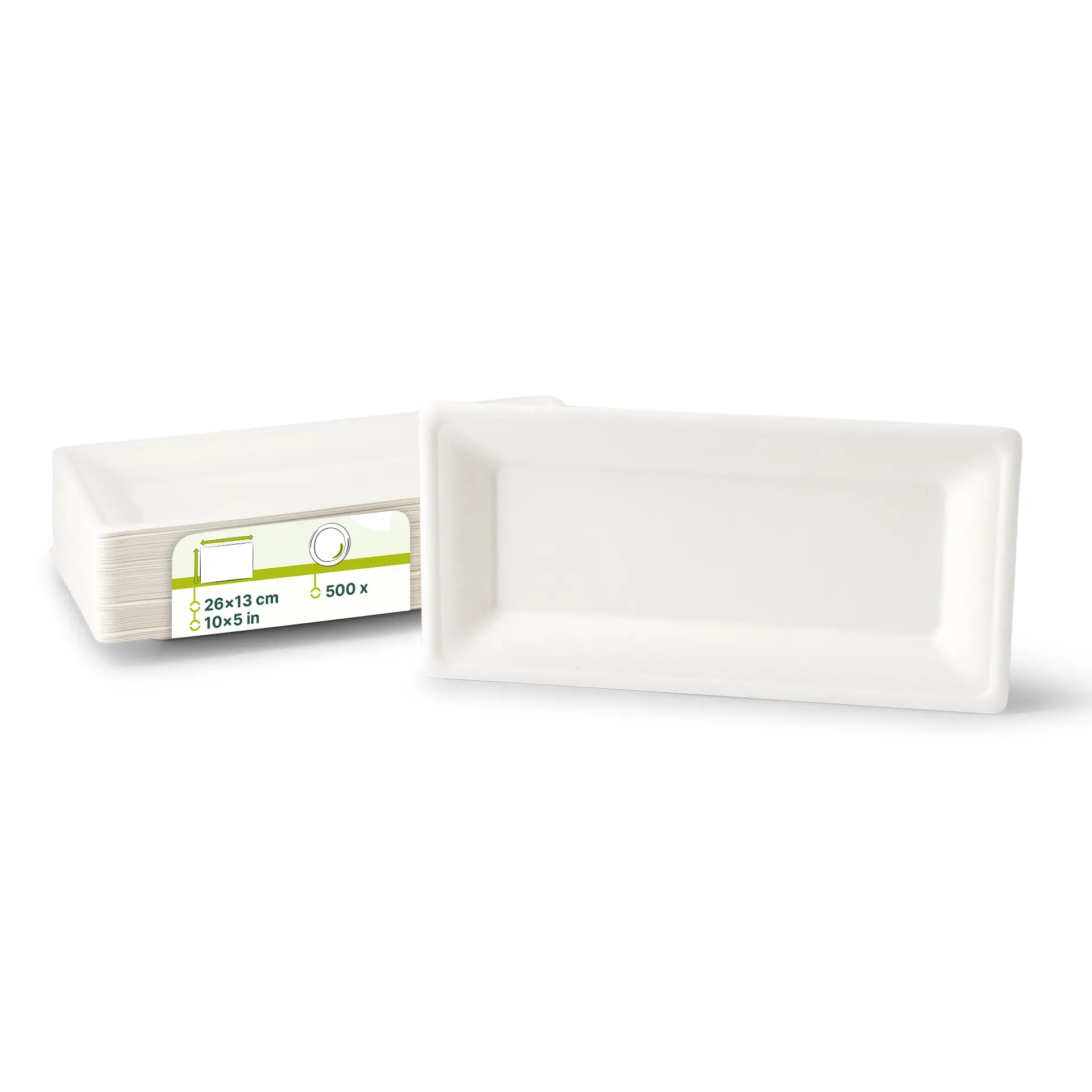 Rectangular disposable sugarcane plates, 26 x 13 cm, with visible stacking and packaging label.