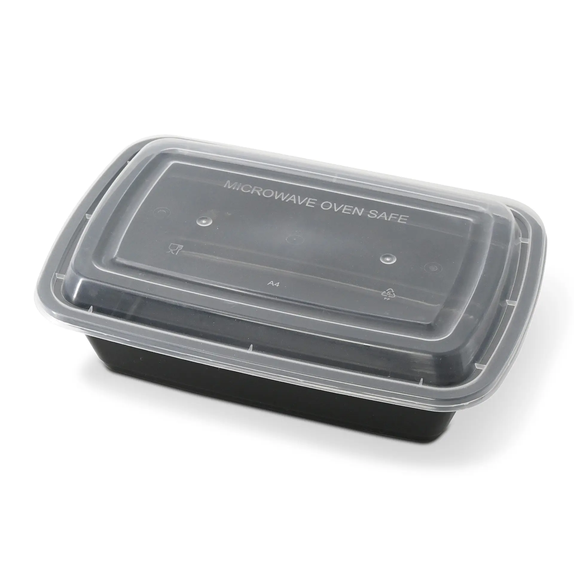 One rectangular black food container with a clear lid labeled "Microwave Oven Safe," suitable for hot and cold dishes.