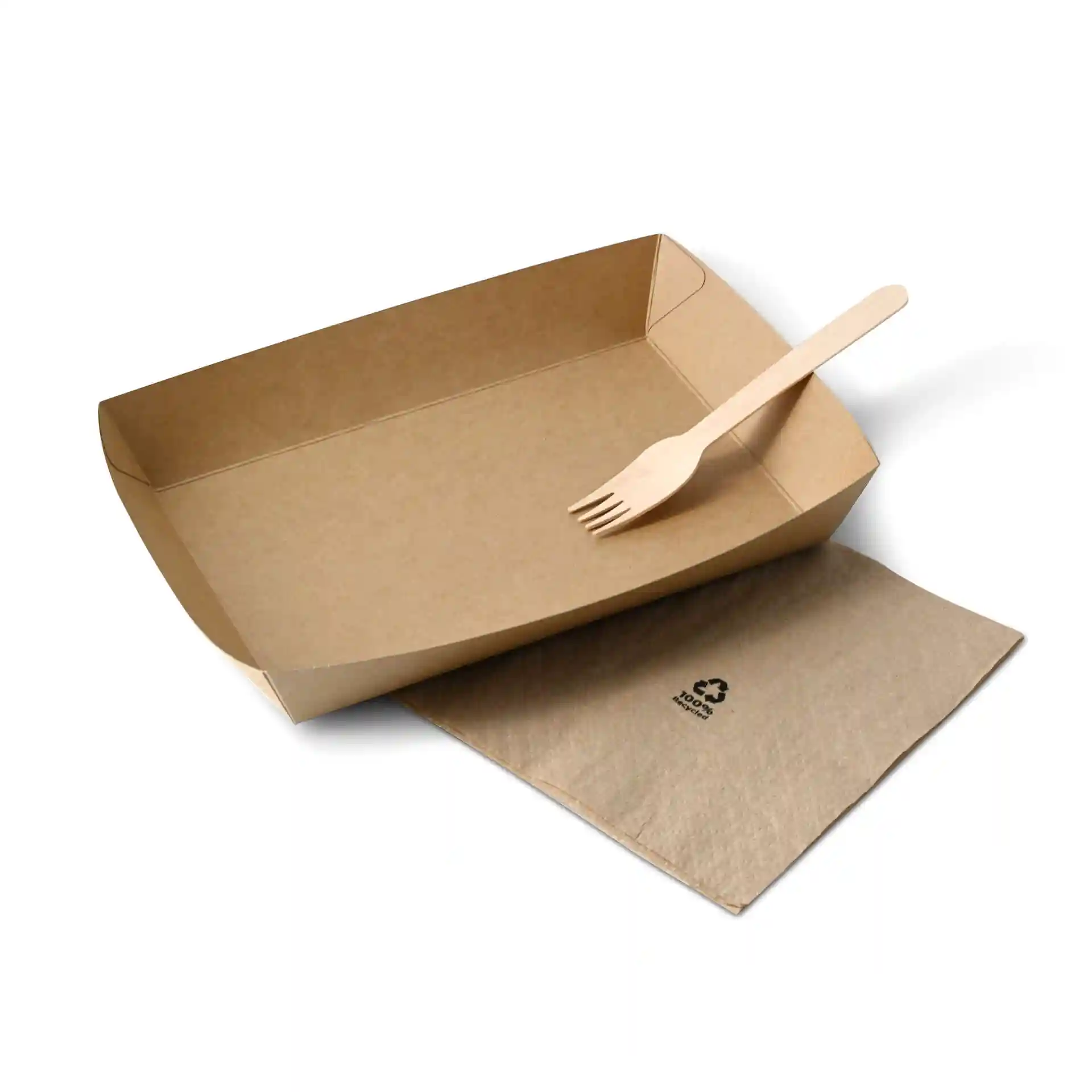 Brown rectangular cardboard tray with a wooden fork placed inside, accompanied by a brown napkin underneath.