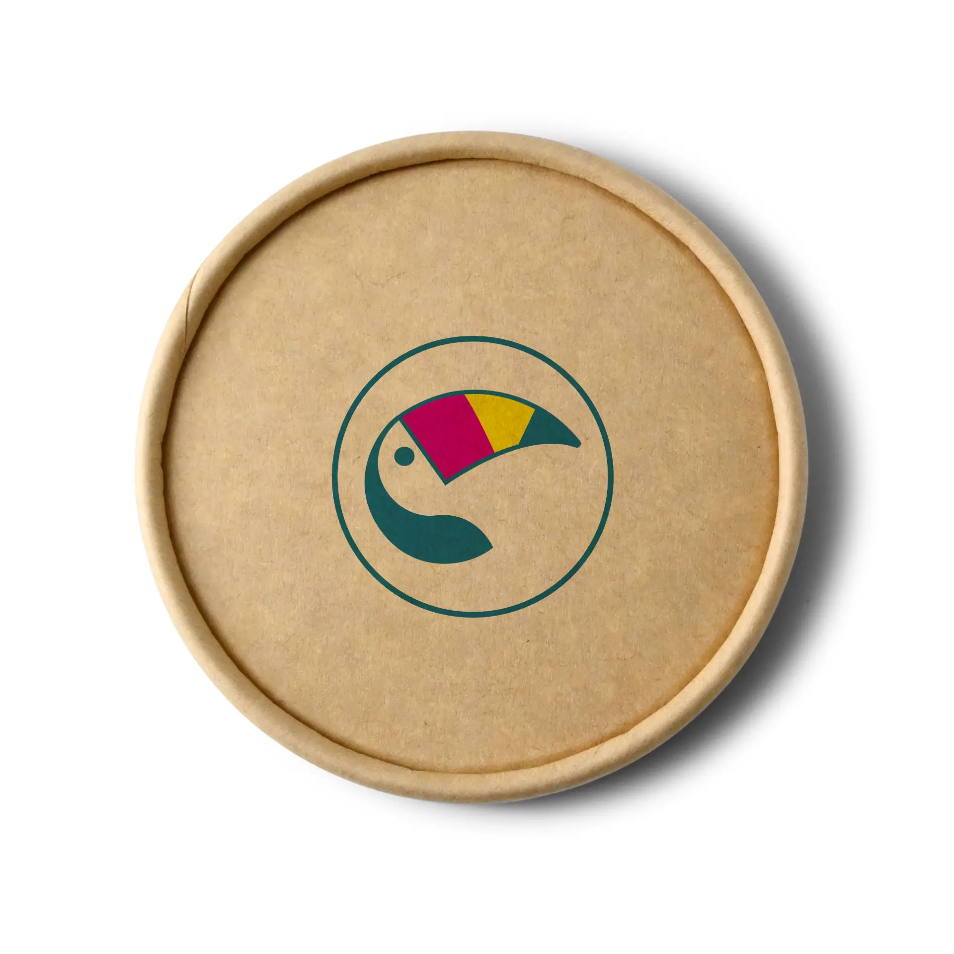 Custom printed brown cardboard lid for ice cream cups featuring a colorful logo design. Suitable for various food items.