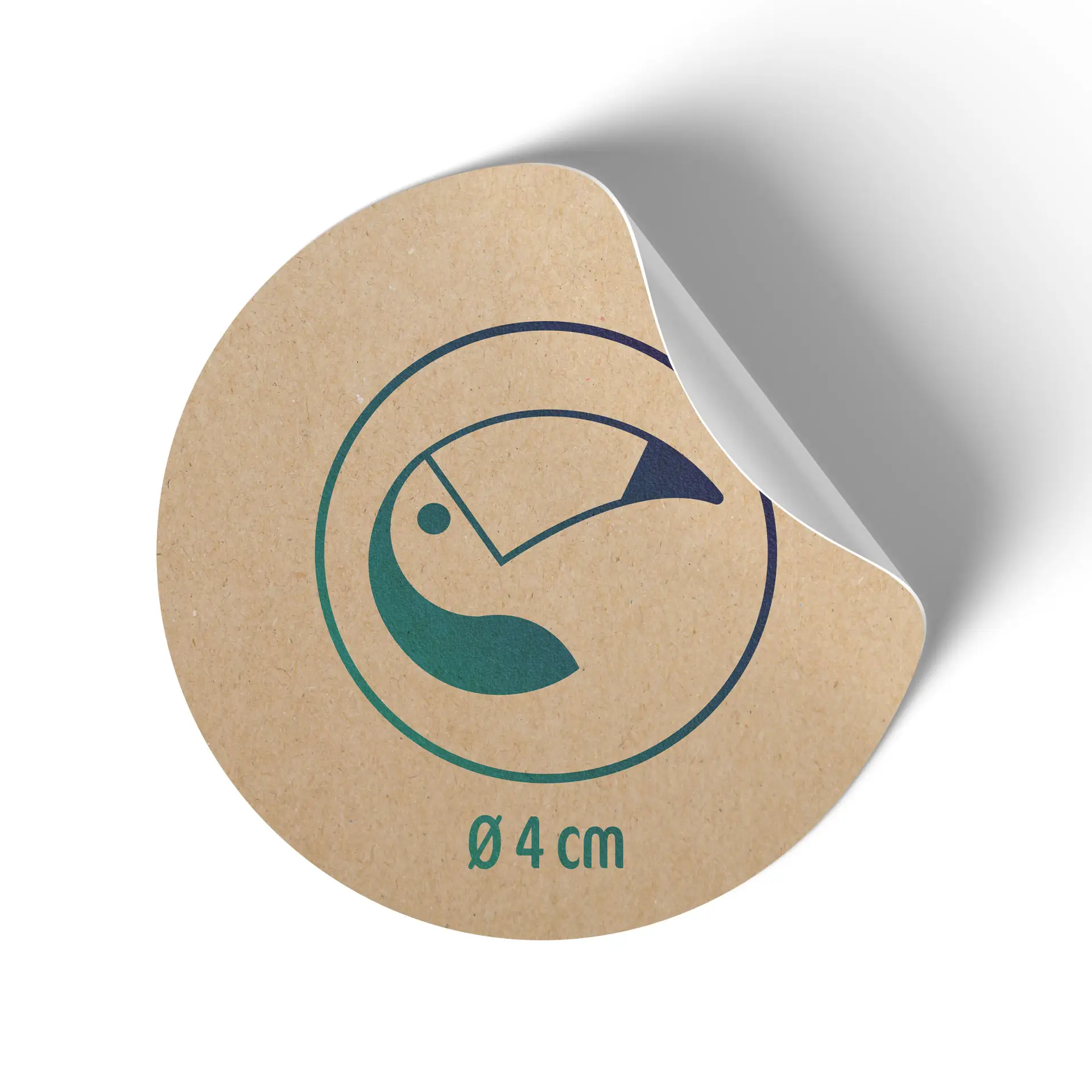 One brown circular label featuring a stylized toucan design and the measurement "Ø 4 cm" at the bottom.