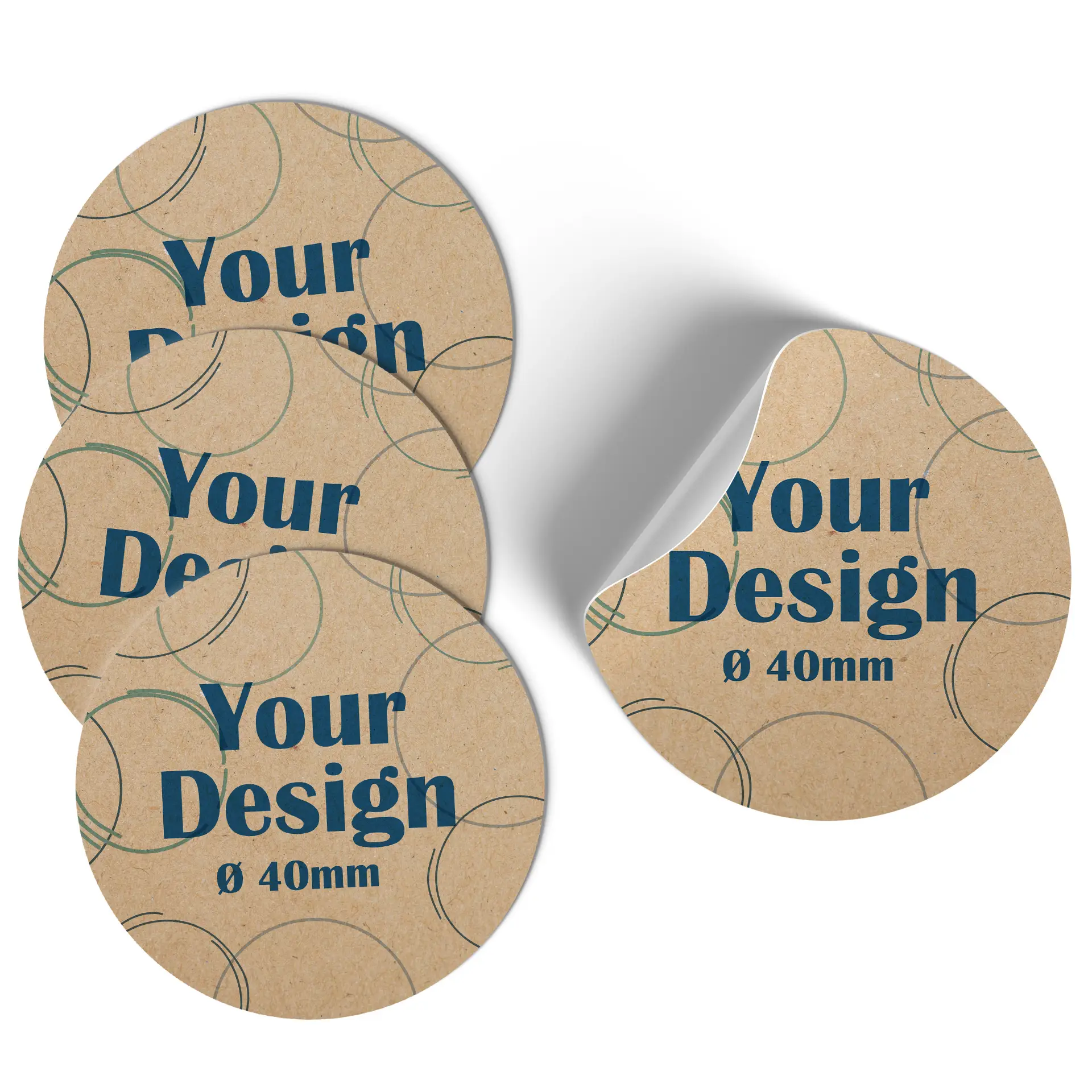 One brown circular label featuring a stylized toucan design and the measurement "Ø 4 cm" at the bottom.