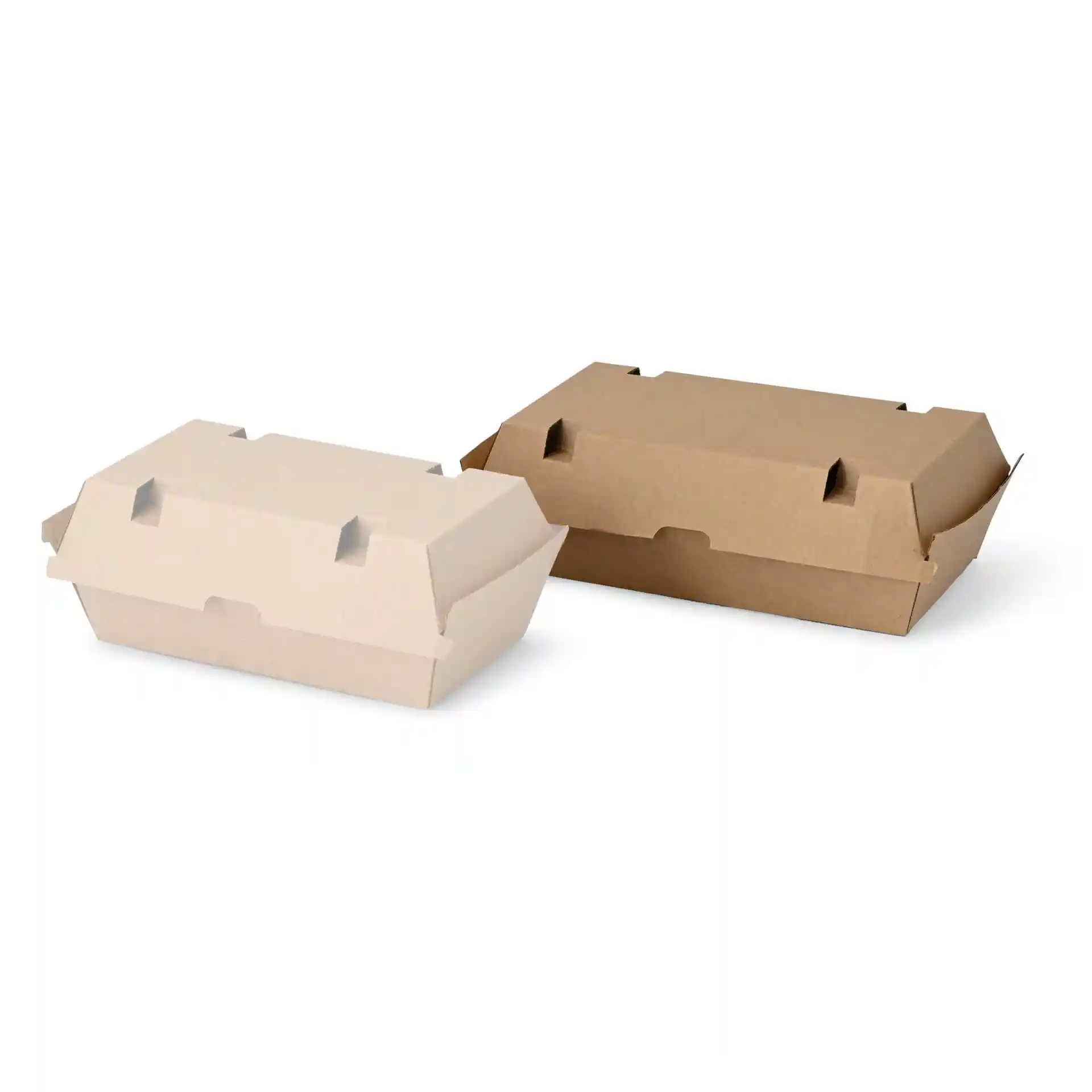 Two rectangular food boxes with hinged lids, one in brown cardboard and the other in light beige cardboard.