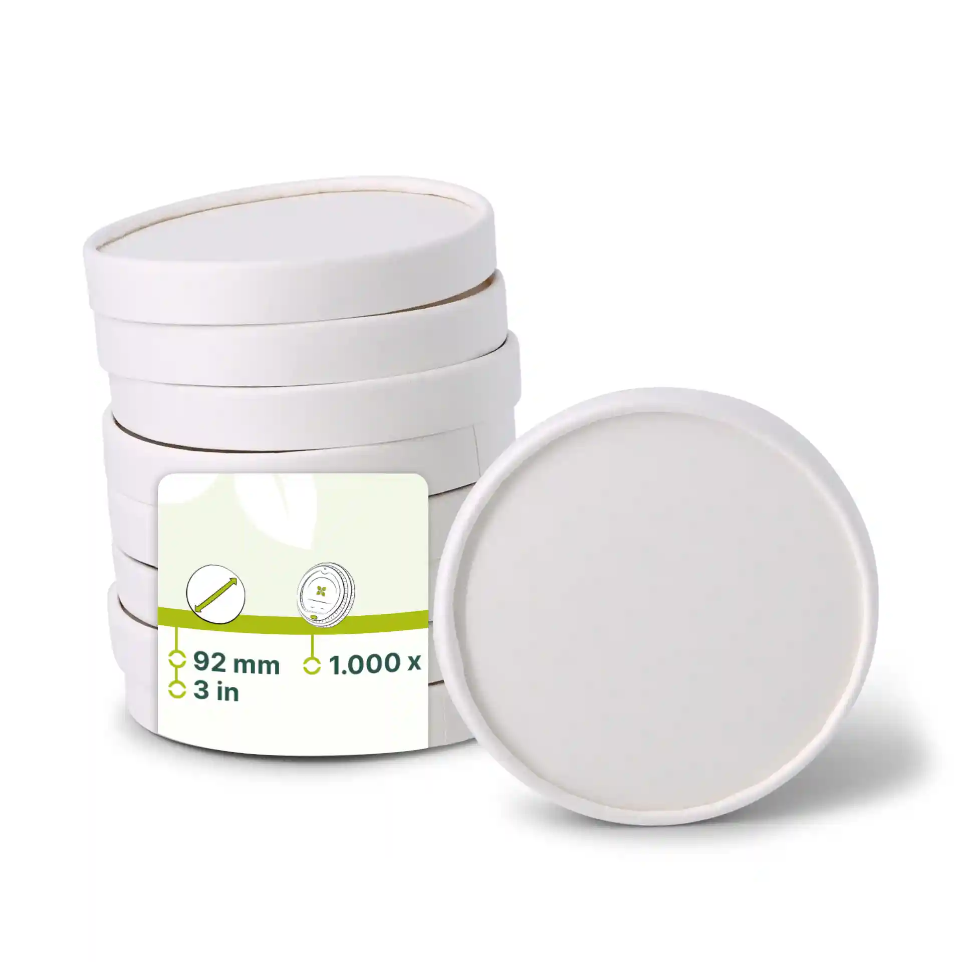 Stack of white cardboard lids, round shape, 92 mm diameter, with a label showing product details.