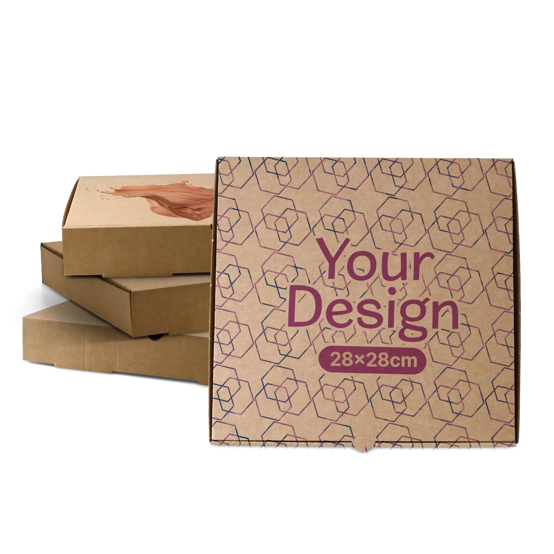 Brown pizza box with a geometric design, measuring 28 x 28 cm, in front of several similar boxes.