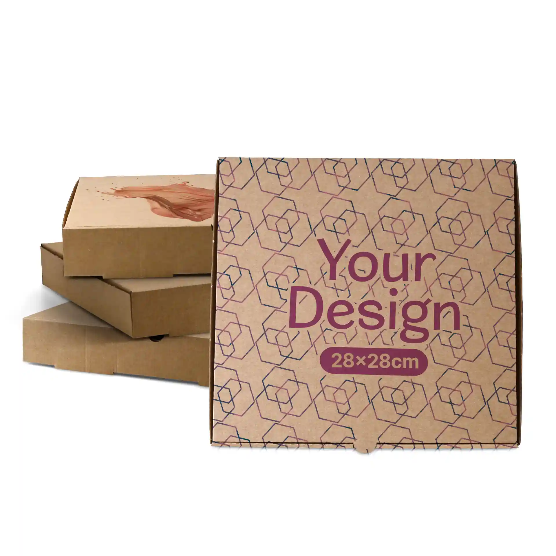 Brown pizza box with a geometric design, measuring 28 x 28 cm, in front of several similar boxes.