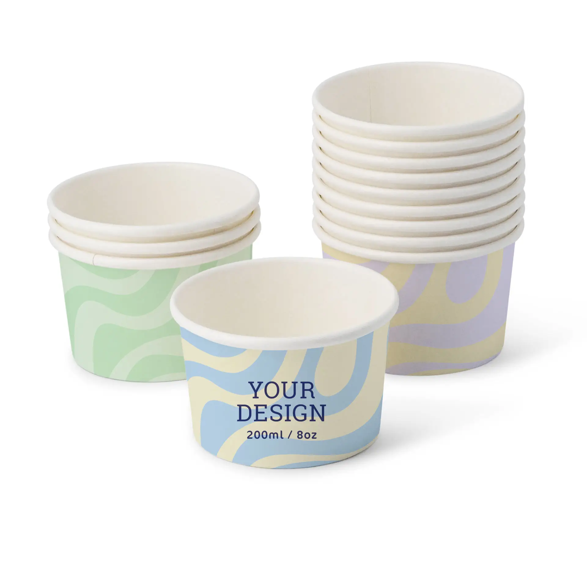 Custom printed 200 ml ice cream cup in white, featuring a logo design and suitable for desserts or snacks.