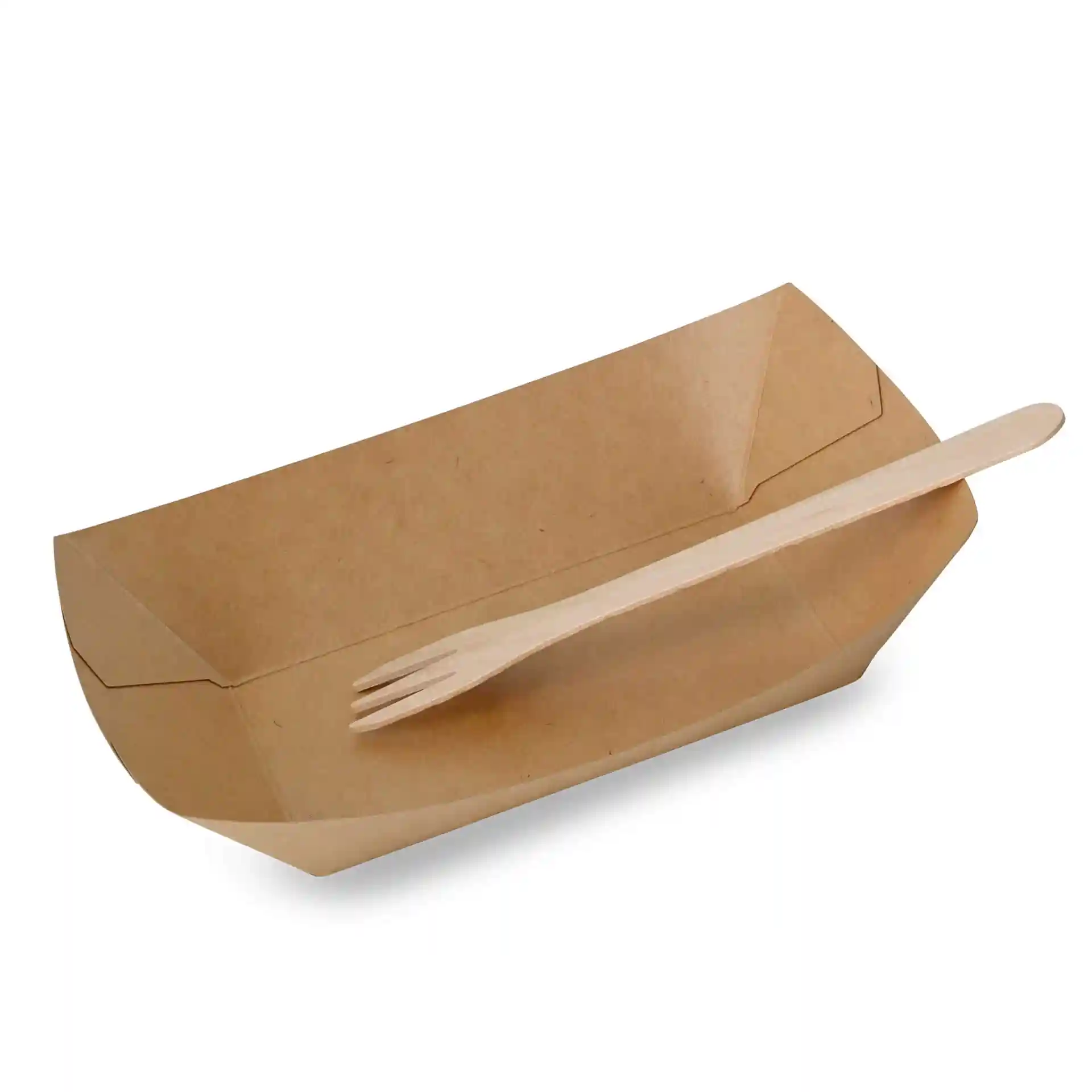 Brown cardboard snack bowl with a wooden fork, rectangular shape, dimensions 19.5 x 14 x 4.5 cm.