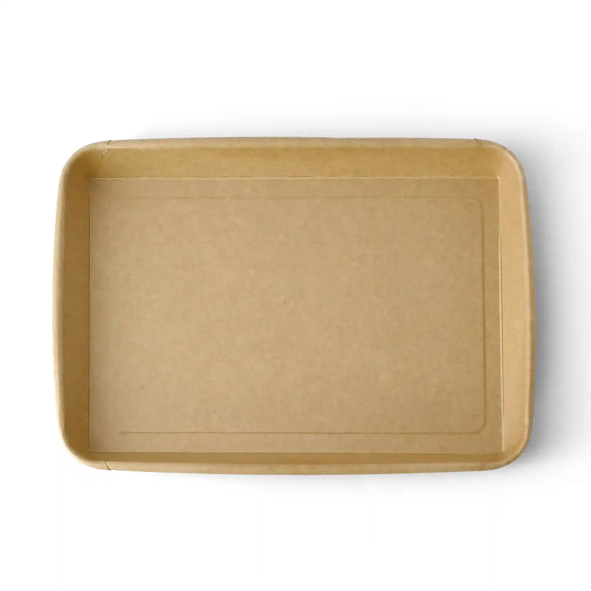 Brown PE-coated sushi box, rectangular shape, measuring 25.5 x 18 x 3 cm, with a flat bottom and raised edges.
