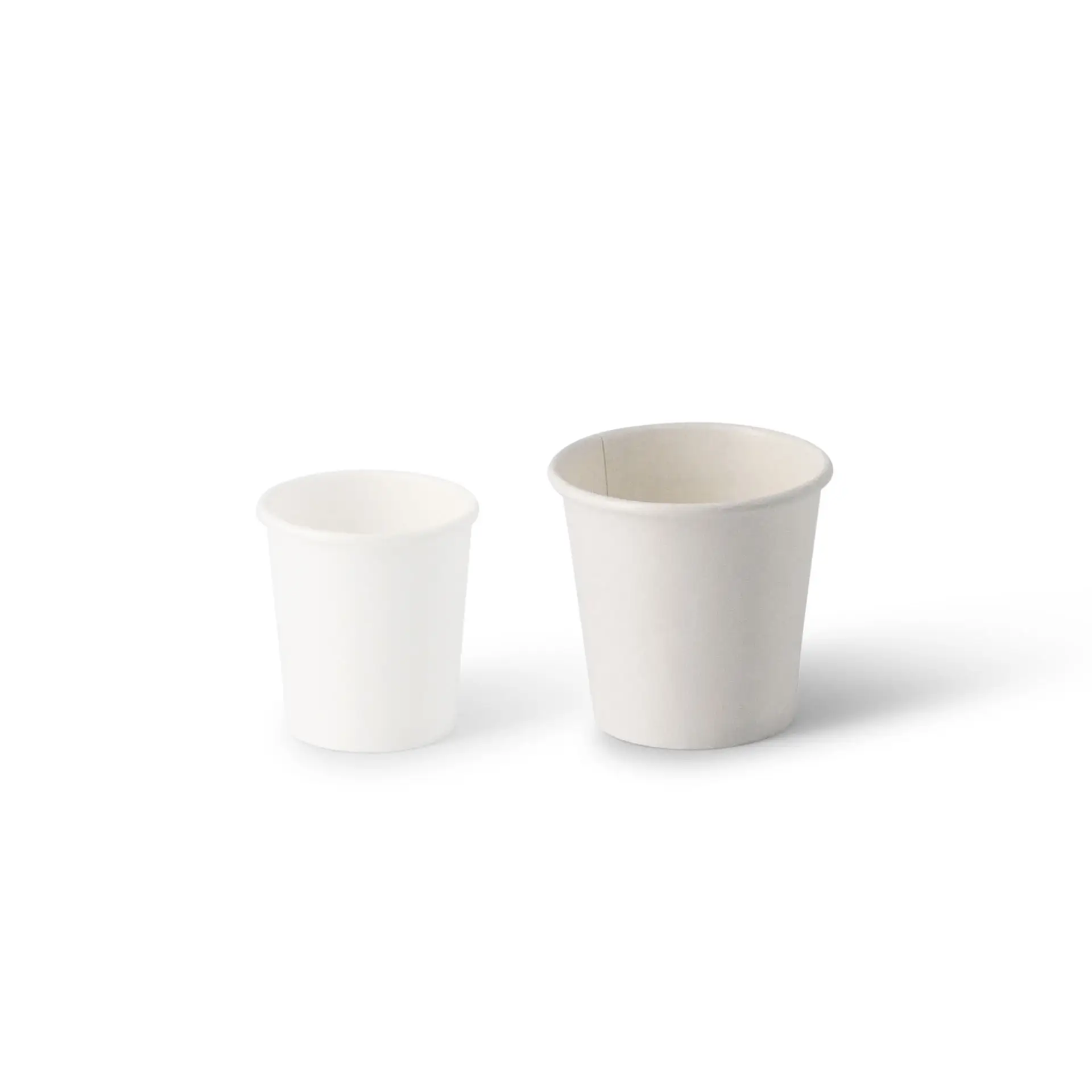 Two paper shot cups in different sizes, one white and one light beige, suitable for serving hot and cold beverages.