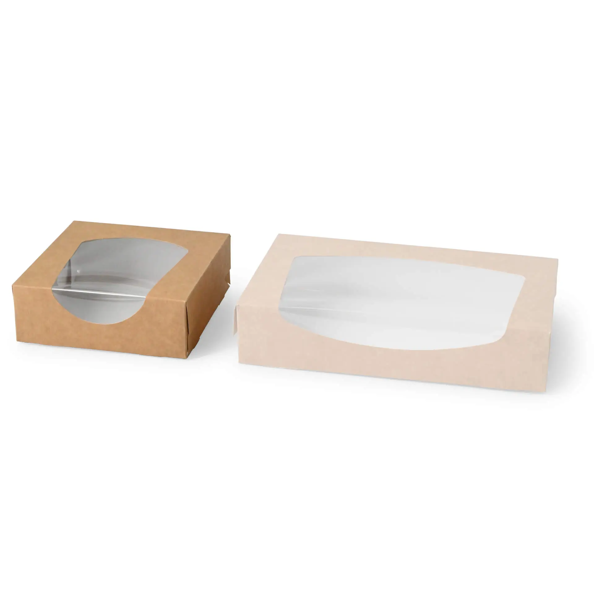 Two cardboard window boxes, one brown and one white, with clear cellulose windows, displayed side by side.