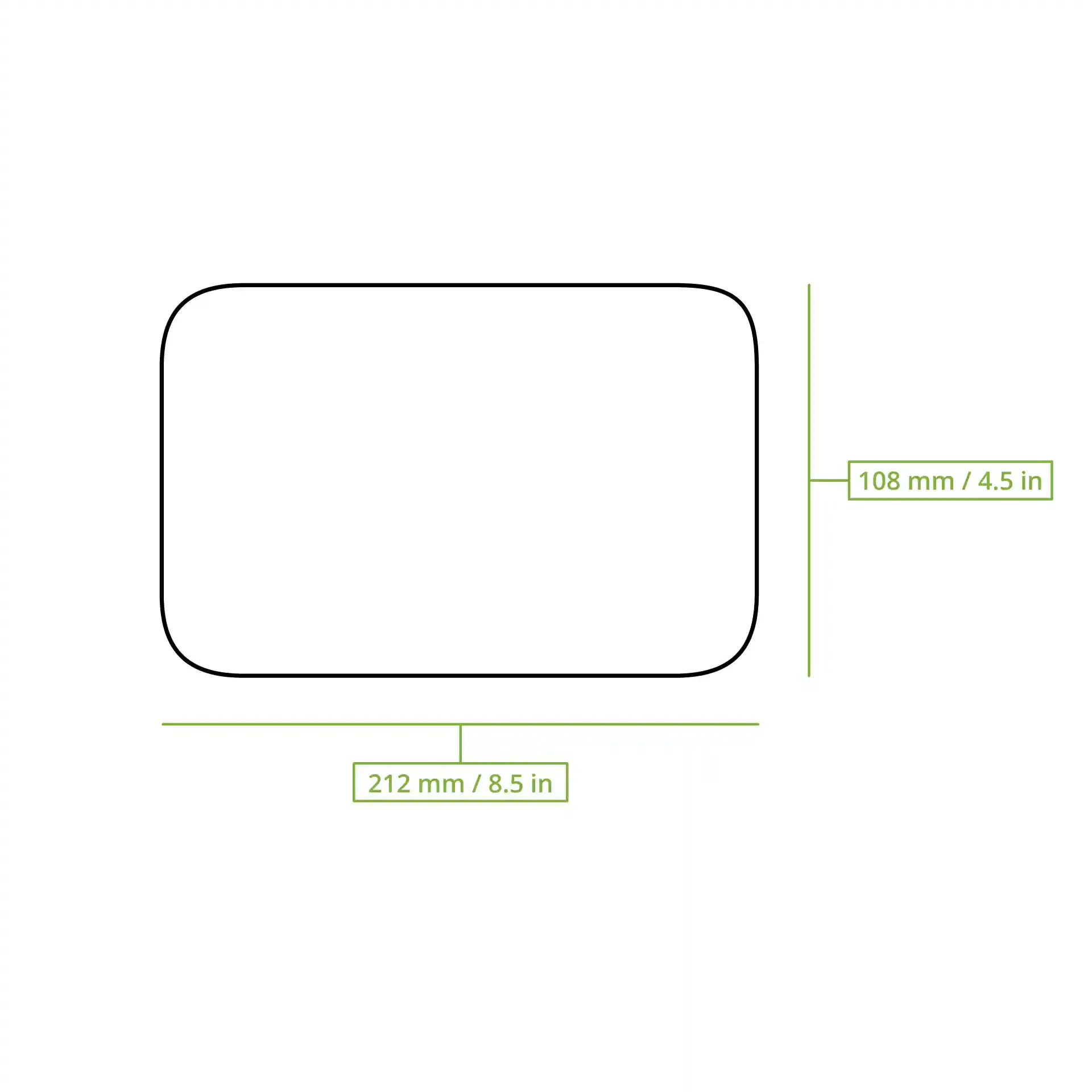 Schematic drawing of a rectangular lid with dimensions 212 mm by 108 mm.