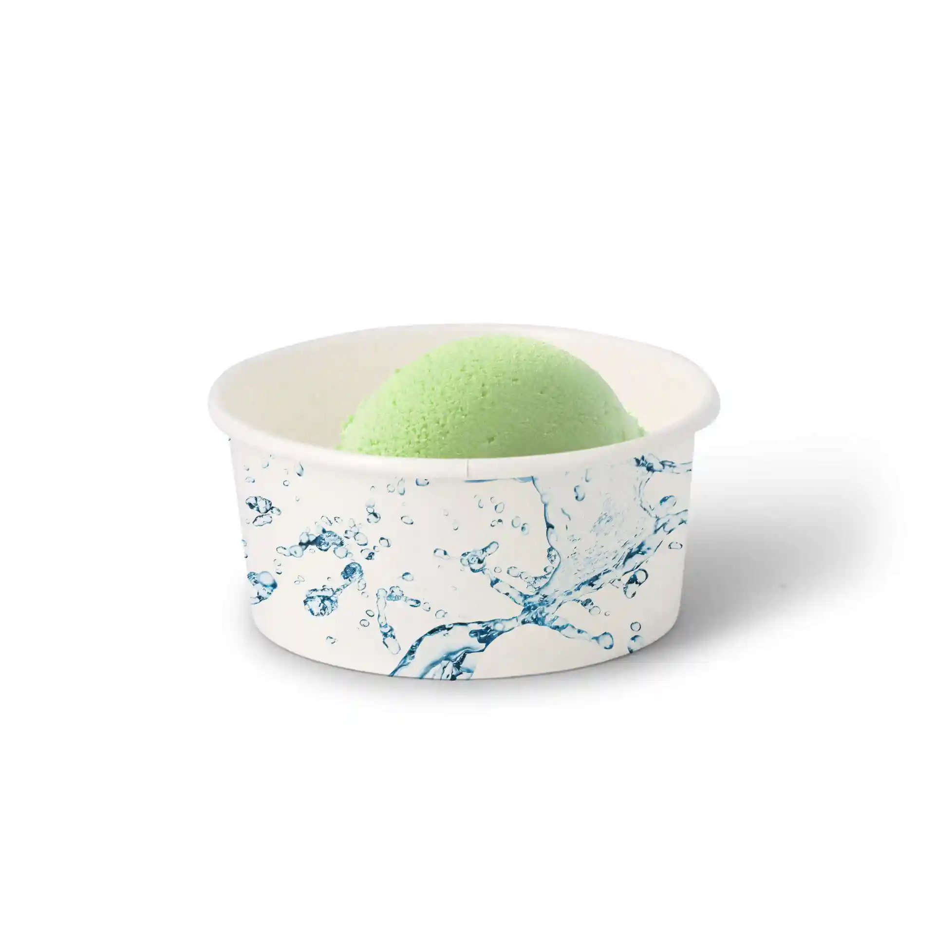 Round ice cream cup made of white cardboard with a water splash design, containing a green ice cream scoop.