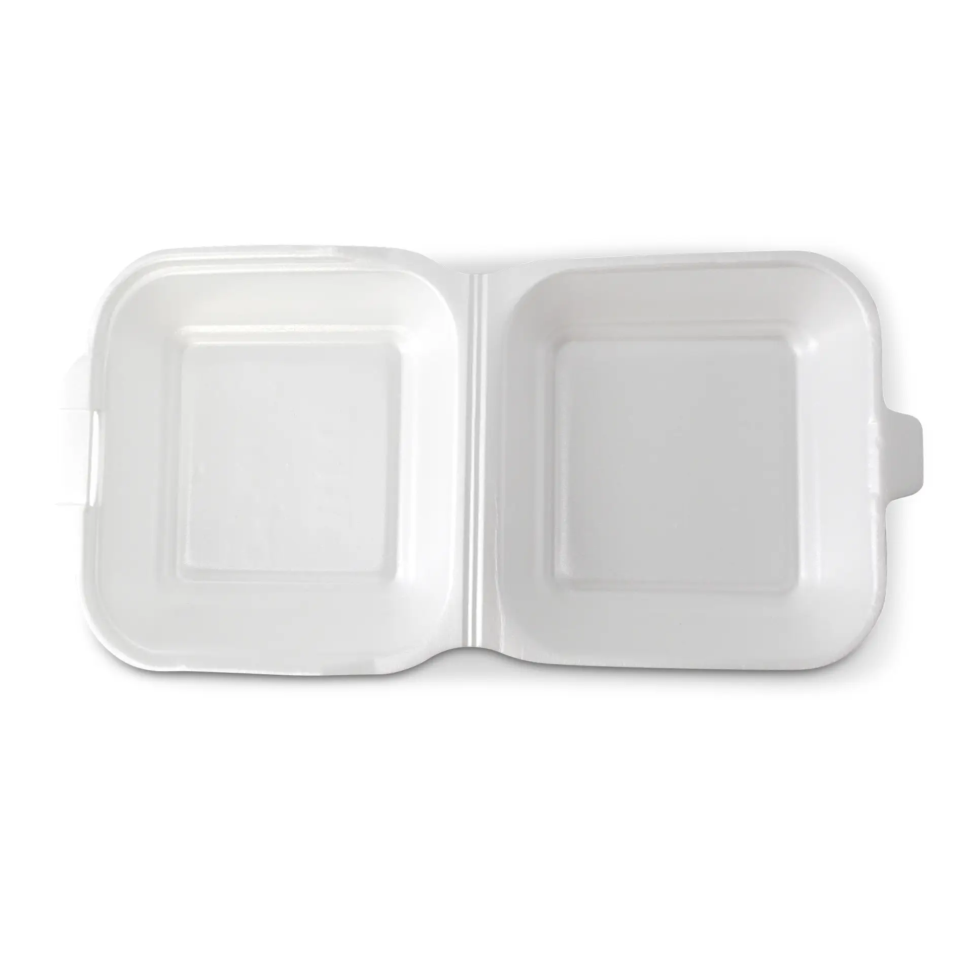 White, two-compartment food container with a hinged lid, suitable for takeout or food storage.