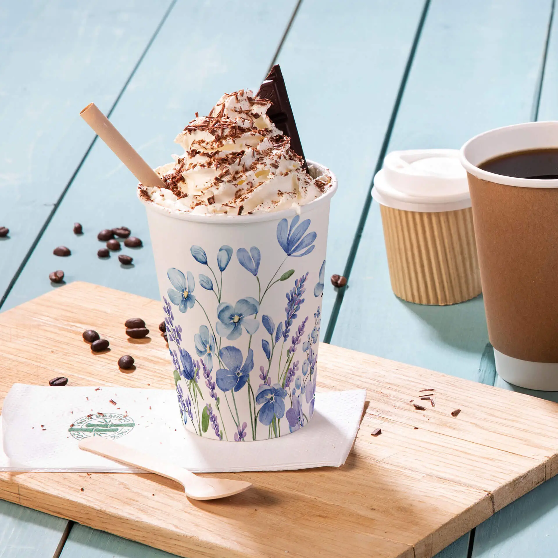 12 oz Paper cups spring 'Violets' single wall, Ø 90 mm, blue