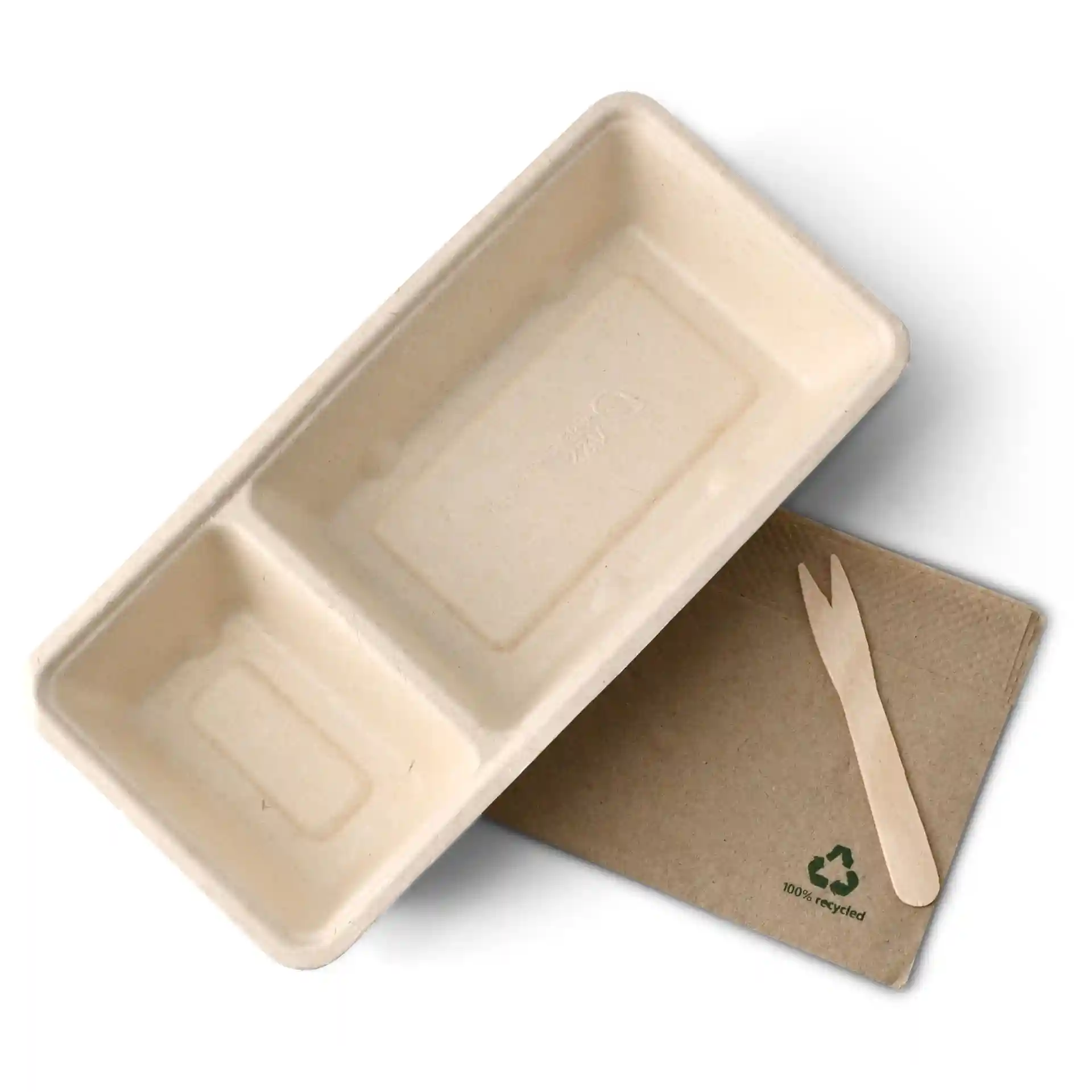 Rectangular cream white bagasse chip tray with two compartments, measuring 9.5 x 20 x 3.5 cm, alongside a small wooden fork.
